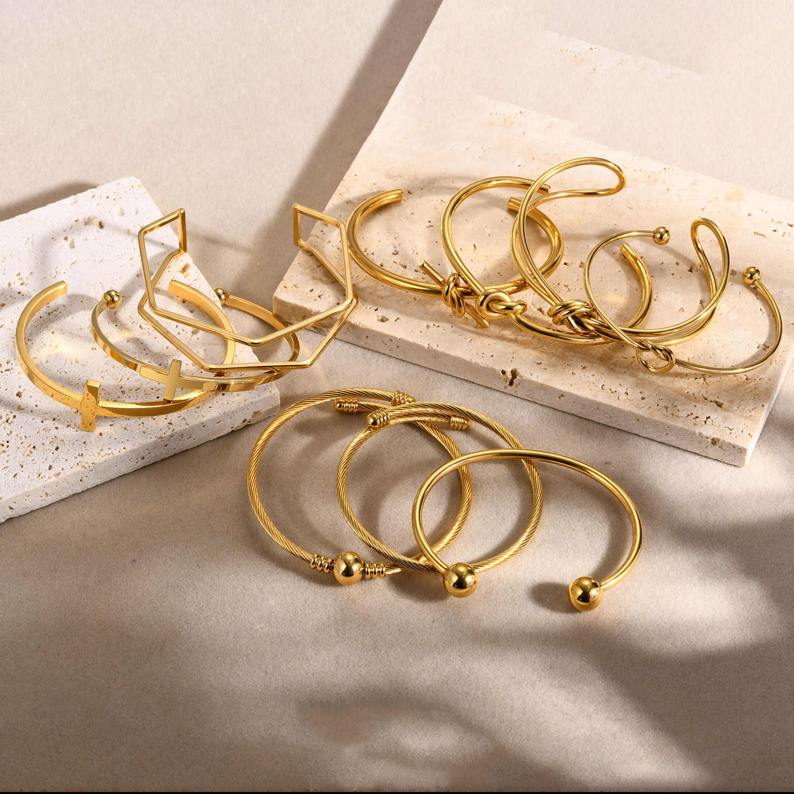 Picture of Eco-friendly Vacuum Plating Stylish Simple 18K Gold Plated 304 Stainless Steel Knot Cross Open Bangles Bracelets For Women Party