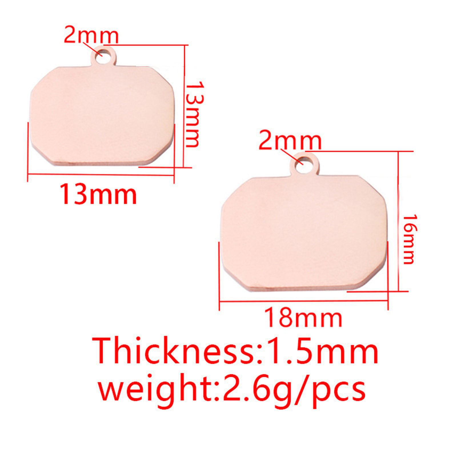 304ステンレス鋼 ブランクスタンプタグ チャーム 長方形 鏡面研磨 18mm x 16mm、 2 個 の画像