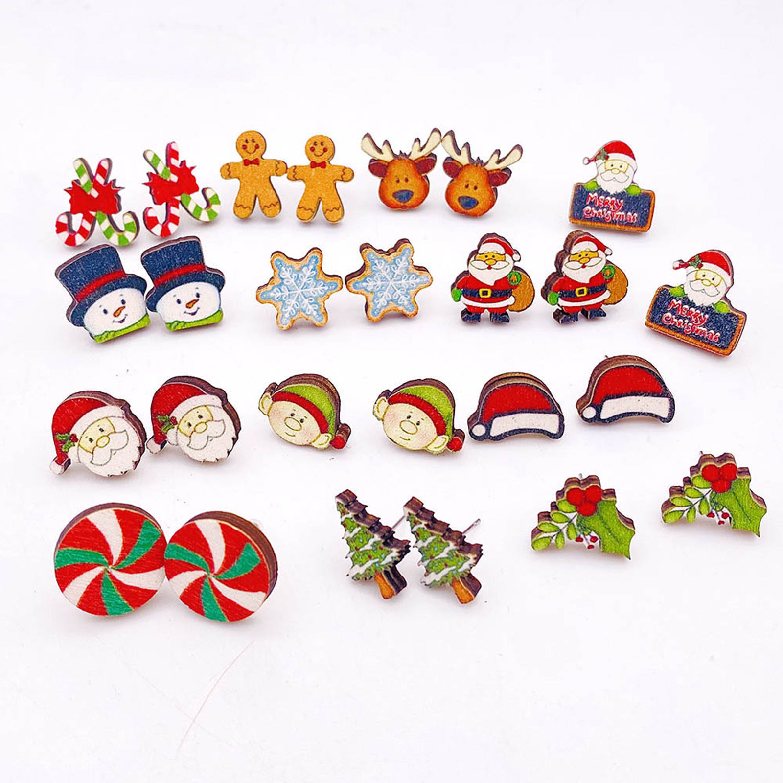 Picture of Natural Wood Cute Ear Post Stud Earrings Multicolor Christmas