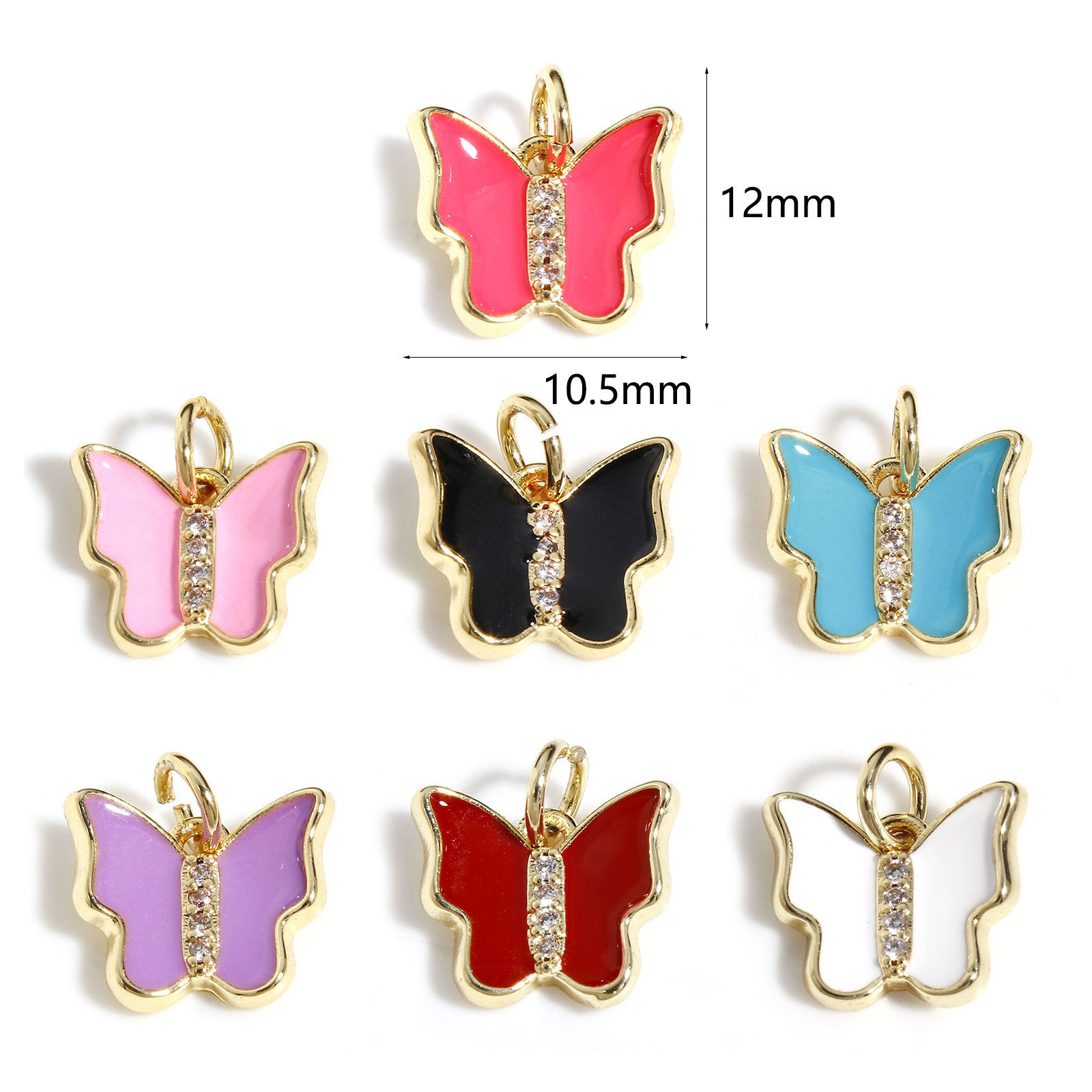 Immagine di Ottone Insetto Charms Farfalla 18K Vero Oro Placcato Multicolore Smalto Trasparente Cubic Zirconiae 12mm x 10.5mm, 1 Pz