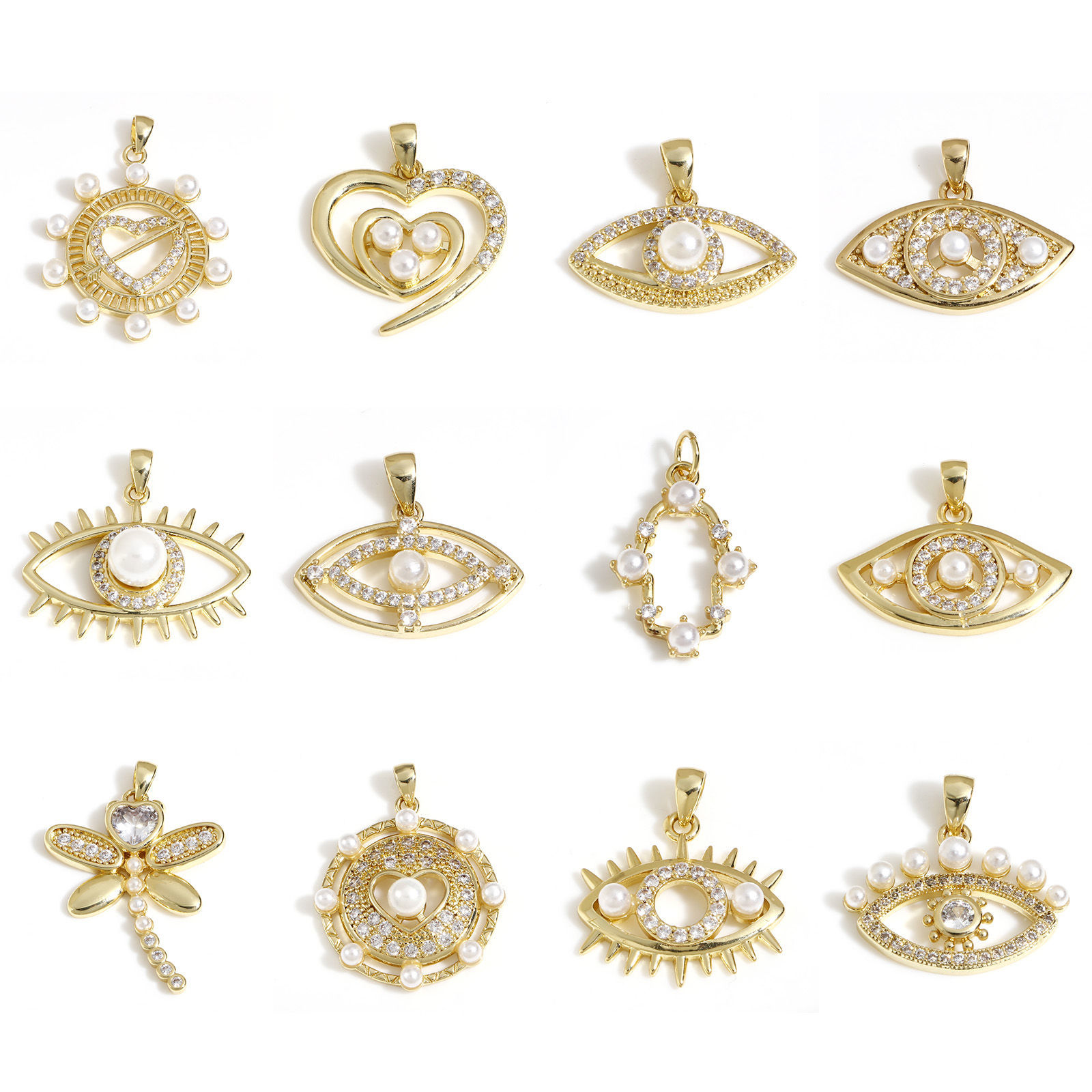 Imagen de Latón Colgantes Charms Ojo 18K Oro Real Chapado Corazón Acrílico Imitación de Perla Claro Circón Artificial 1 Unidad