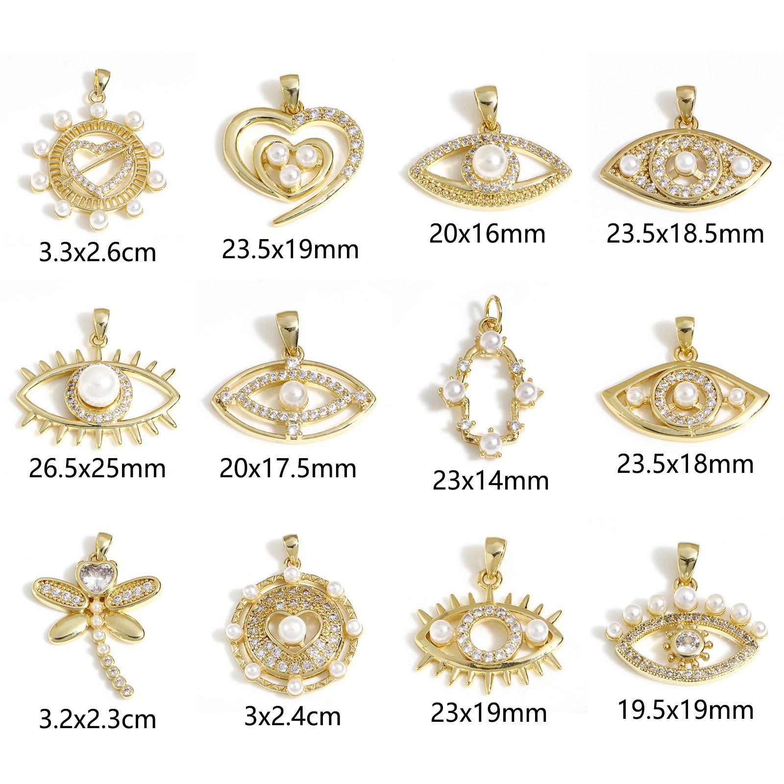 Imagen de Latón Colgantes Charms Ojo 18K Oro Real Chapado Corazón Acrílico Imitación de Perla Claro Circón Artificial 1 Unidad