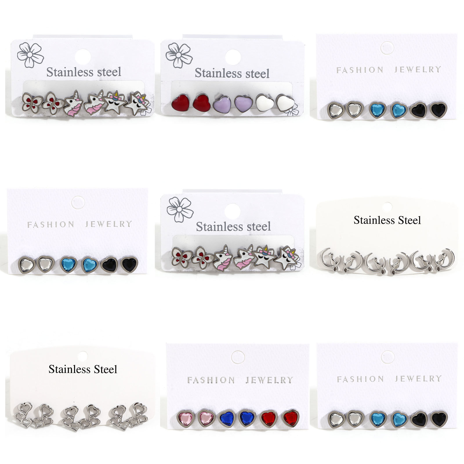 Picture of 304 Stainless Steel Stylish Ear Post Stud Earrings Set Silver Tone Enamel Multicolor Rhinestone