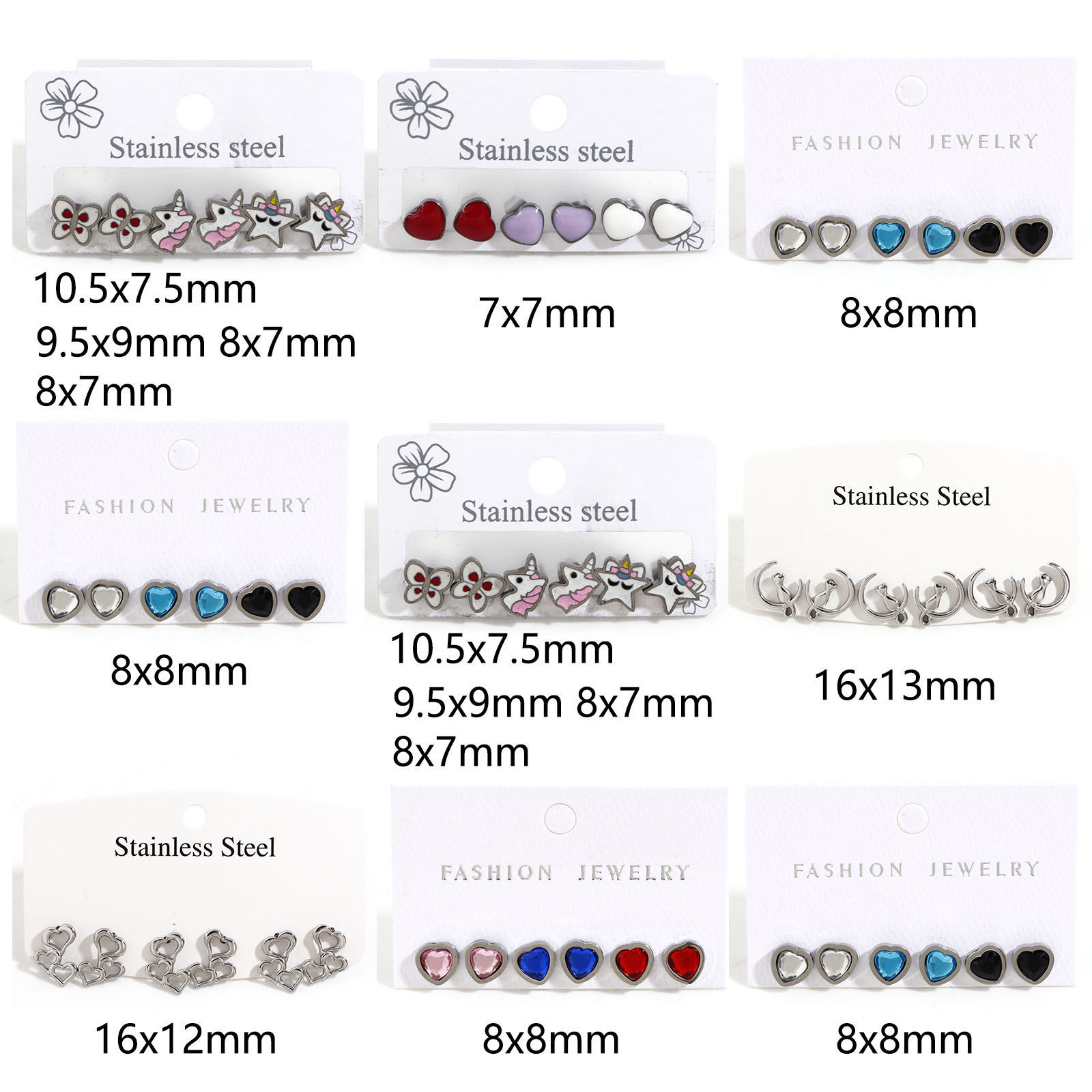 Picture of 304 Stainless Steel Stylish Ear Post Stud Earrings Set Silver Tone Enamel Multicolor Rhinestone