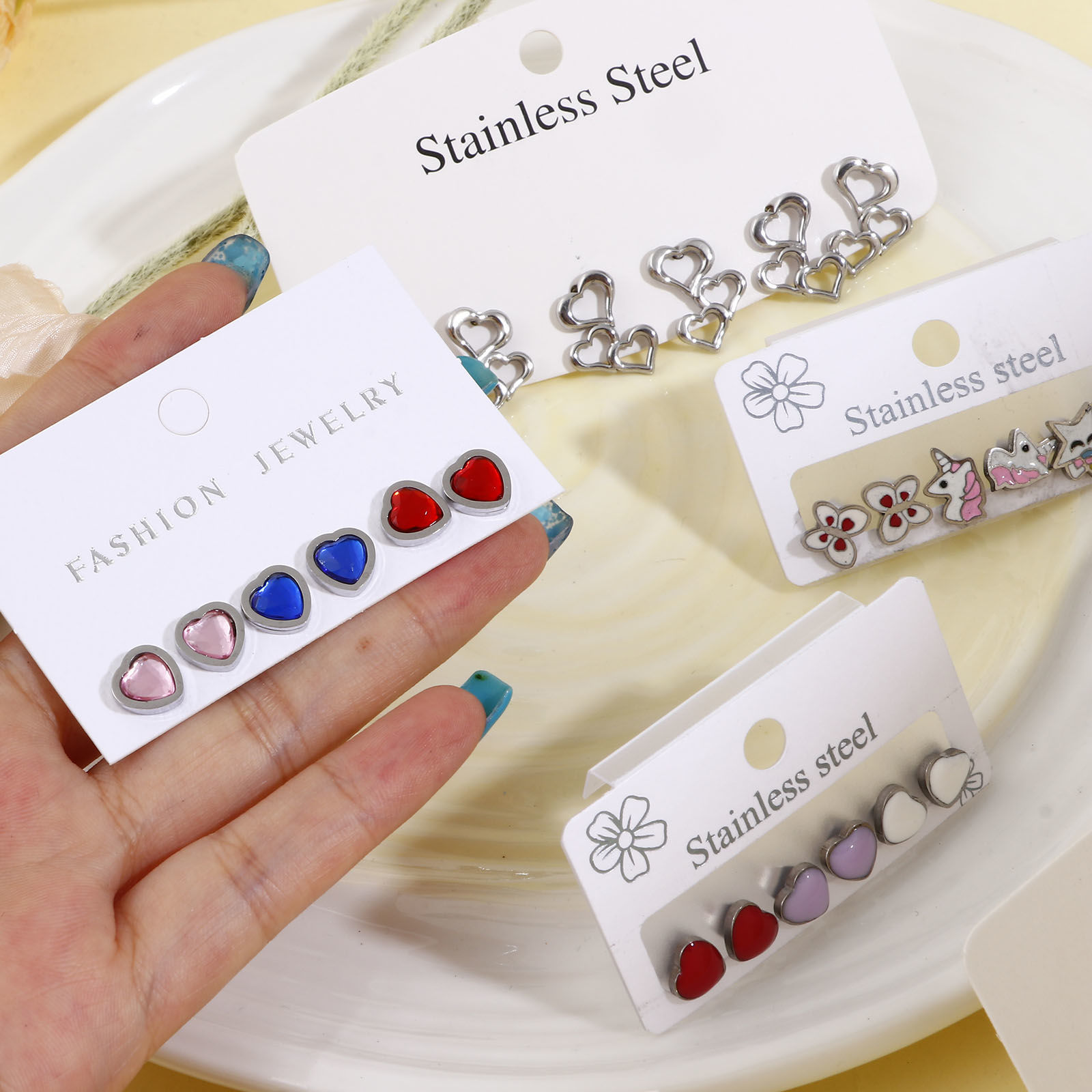 Picture of 304 Stainless Steel Stylish Ear Post Stud Earrings Set Silver Tone Enamel Multicolor Rhinestone