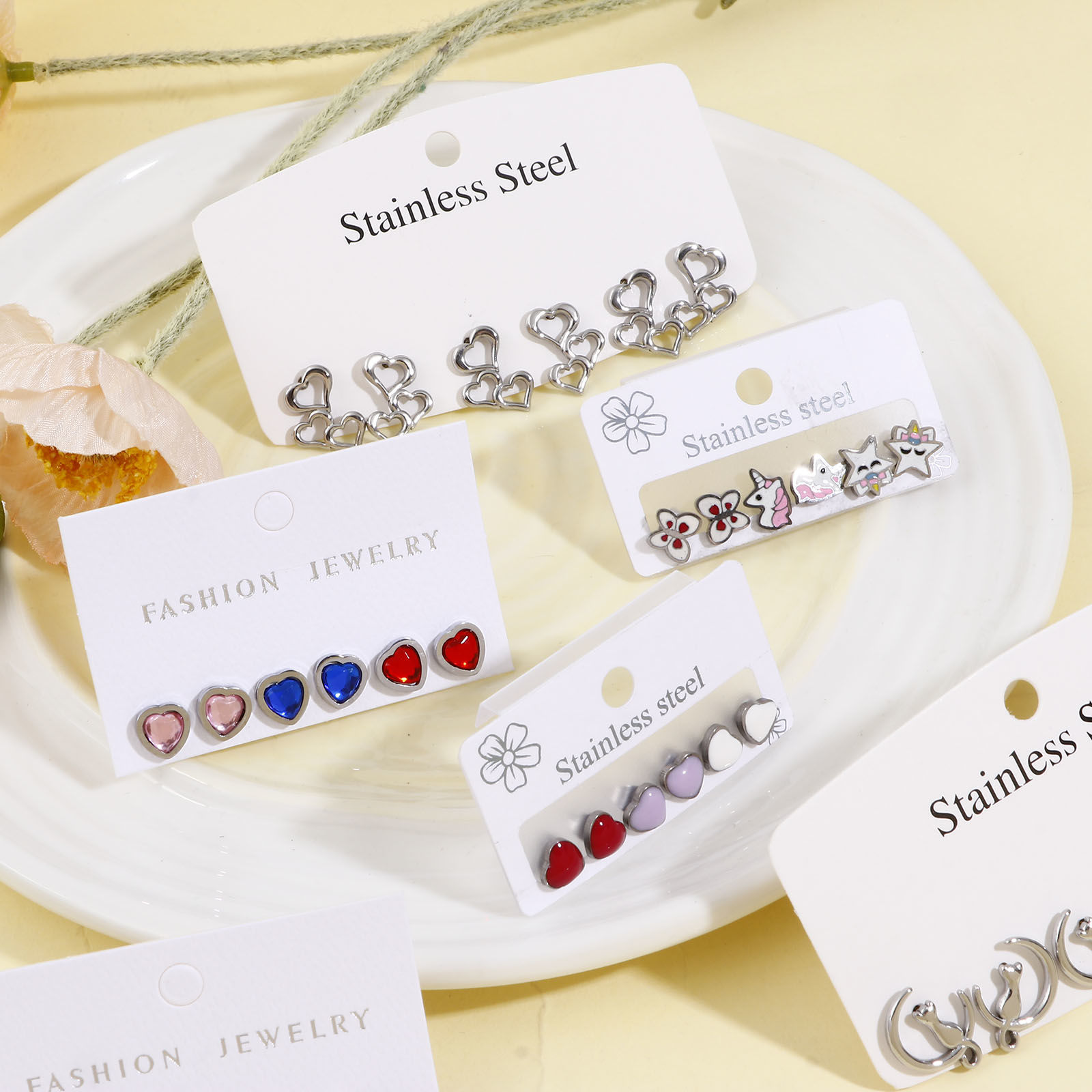 Picture of 304 Stainless Steel Stylish Ear Post Stud Earrings Set Silver Tone Enamel Multicolor Rhinestone