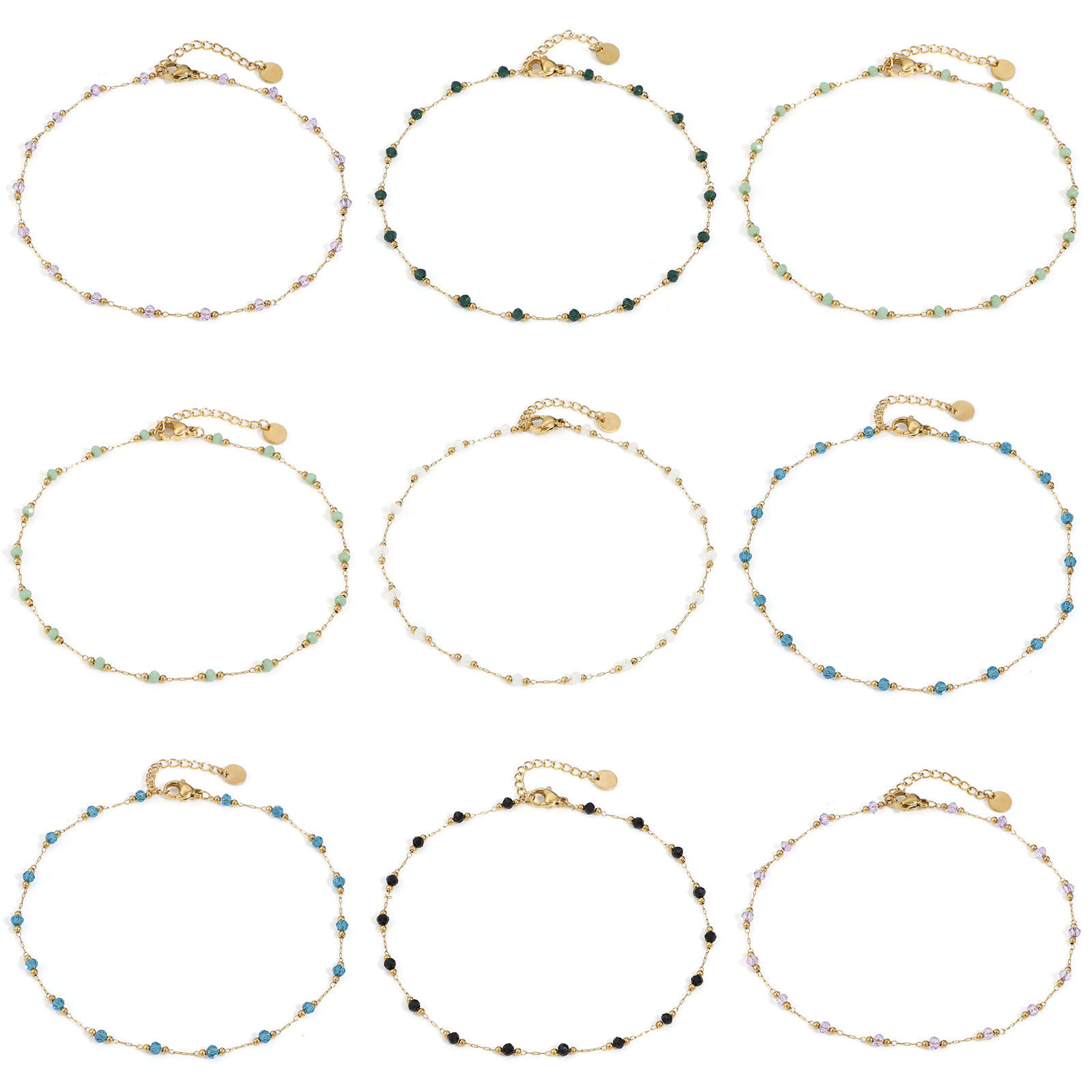 Image de 1 Pièce Bracelet de Cheville Perlé en Acier Inoxydable + Verre Chaîne à Maillons Faite à la Main Doré Multicolore 25cm long