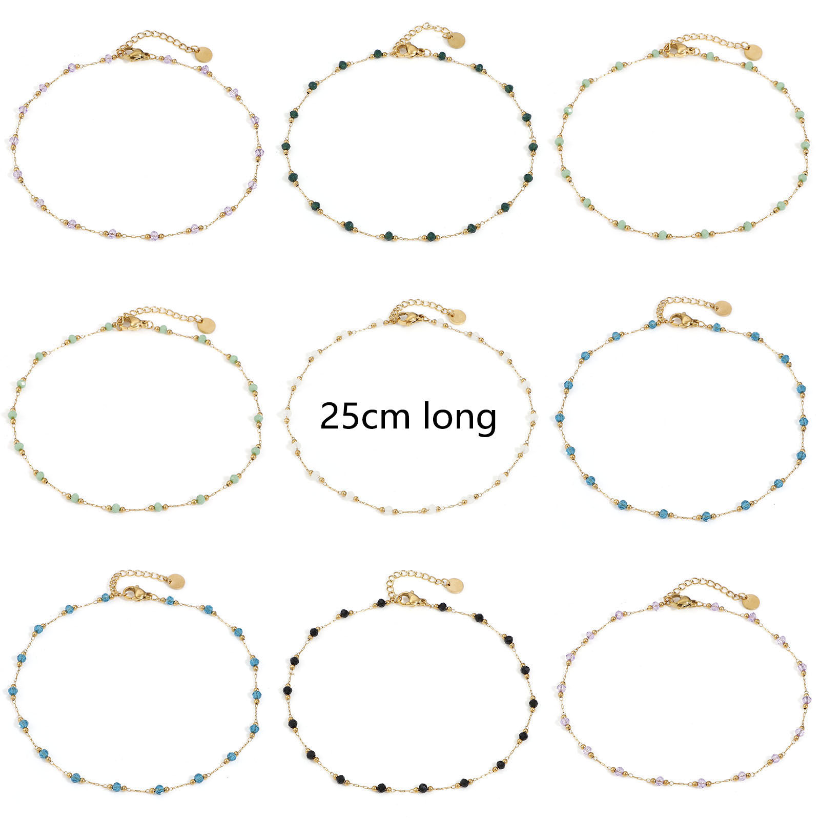 Image de 1 Pièce Bracelet de Cheville Perlé en Acier Inoxydable + Verre Chaîne à Maillons Faite à la Main Doré Multicolore 25cm long