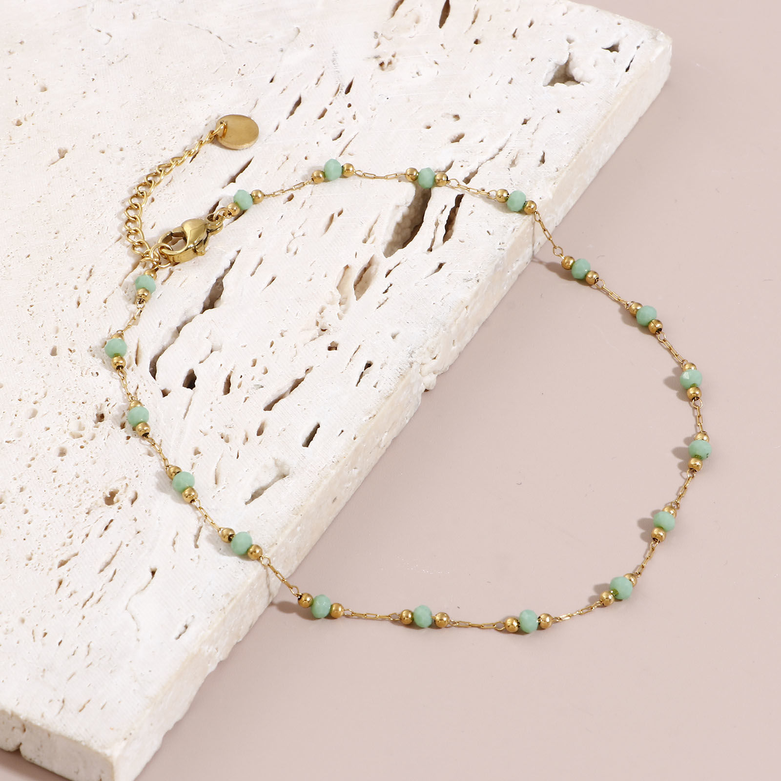Image de 1 Pièce Bracelet de Cheville Perlé en Acier Inoxydable + Verre Chaîne à Maillons Faite à la Main Doré Multicolore 25cm long