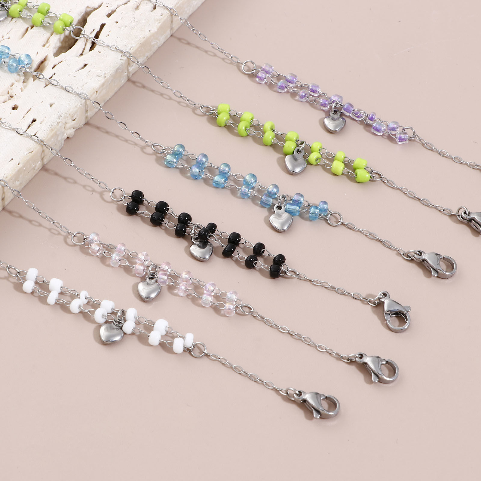 Bild von 1 Strang Edelstahl & Glas Doppelschicht Handgefertigte Gliederkette Perlen Fußkettchen Silberfarbe Bunt Herz 25cm lang