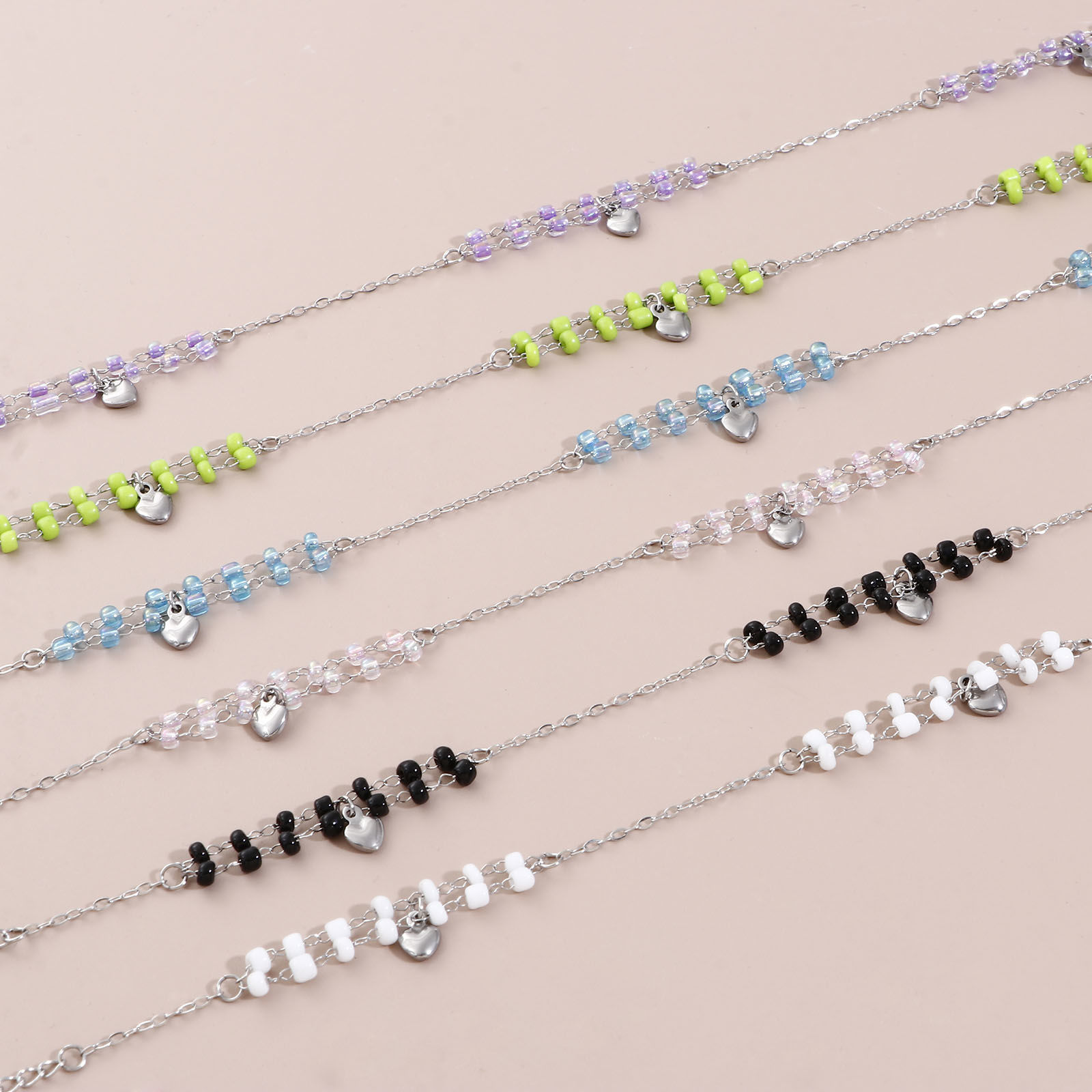 Bild von 1 Strang Edelstahl & Glas Doppelschicht Handgefertigte Gliederkette Perlen Fußkettchen Silberfarbe Bunt Herz 25cm lang