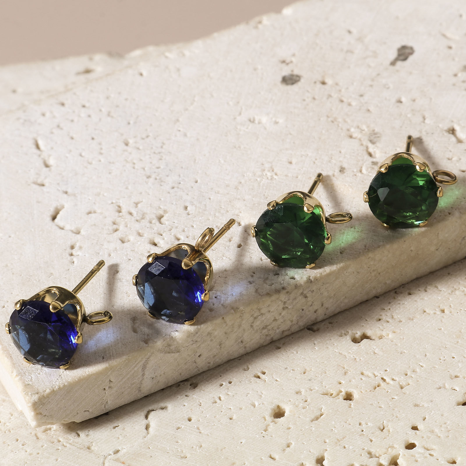 Picture of 304 Stainless Steel & Cubic Zirconia Ear Post Stud Earring With Loop Connector Accessories Round 18K Gold Plated Multicolor 11mm x 8mm