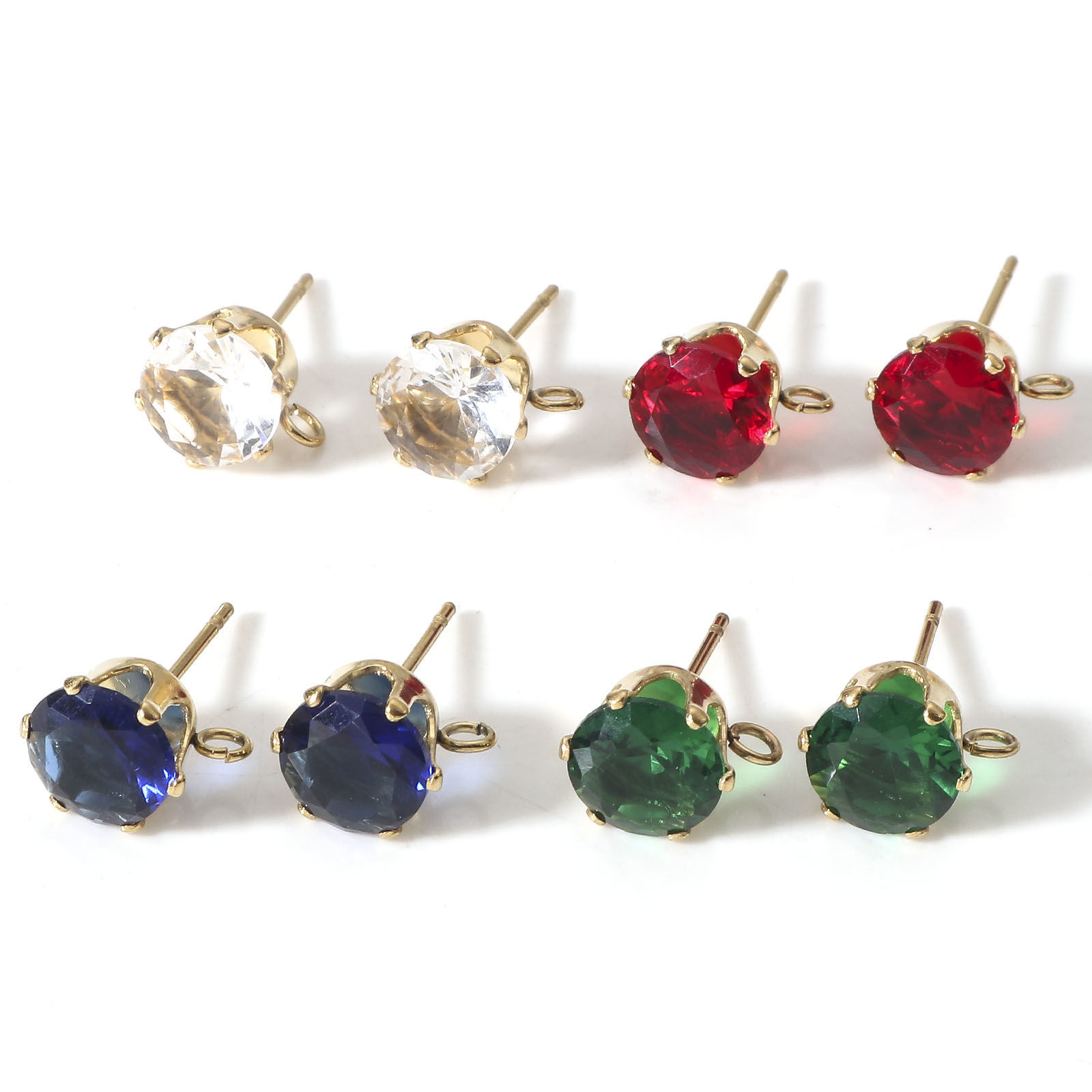 Picture of 304 Stainless Steel & Cubic Zirconia Ear Post Stud Earring With Loop Connector Accessories Round 18K Gold Plated Multicolor 11mm x 8mm