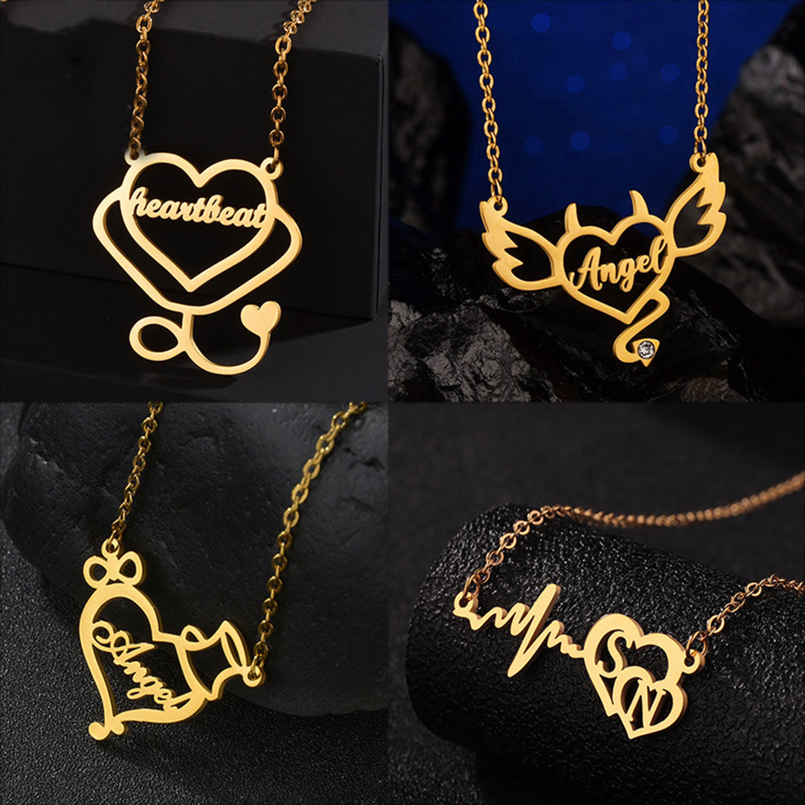 Immagine di 1 Pz 304 Acciaio Inossidabile Collana con Nome Personalizzato Ciondolo con Lettera Personalizzata Cuore 45cm Lunghezza