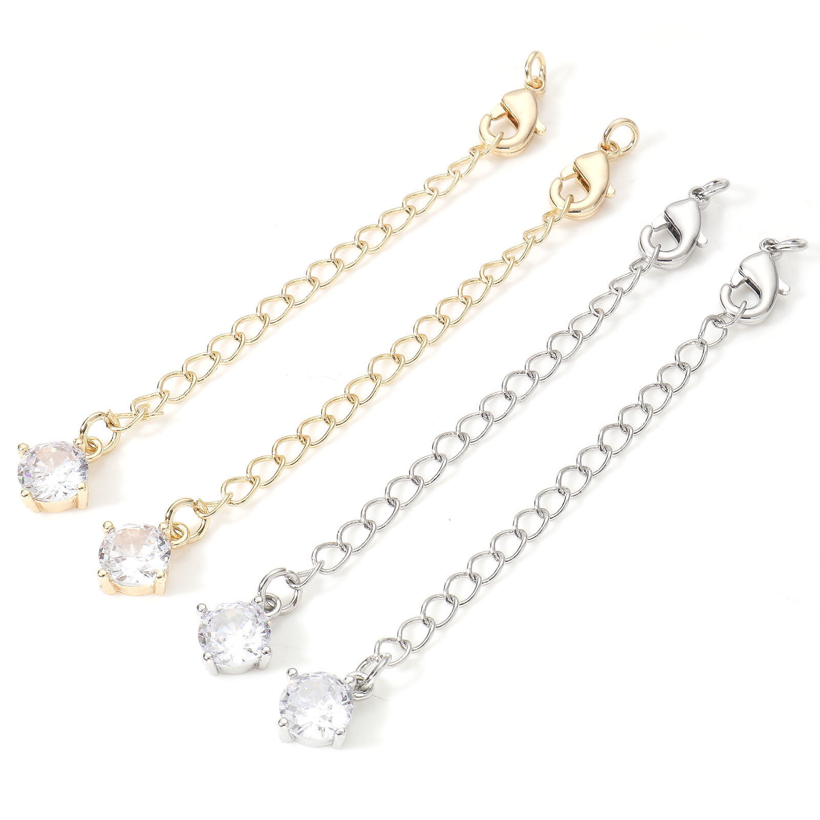 Picture of Brass Extender Chain Real Gold Plated With Lobster Claw Clasp Clear Cubic Zirconia 7cm(2 6/8") long