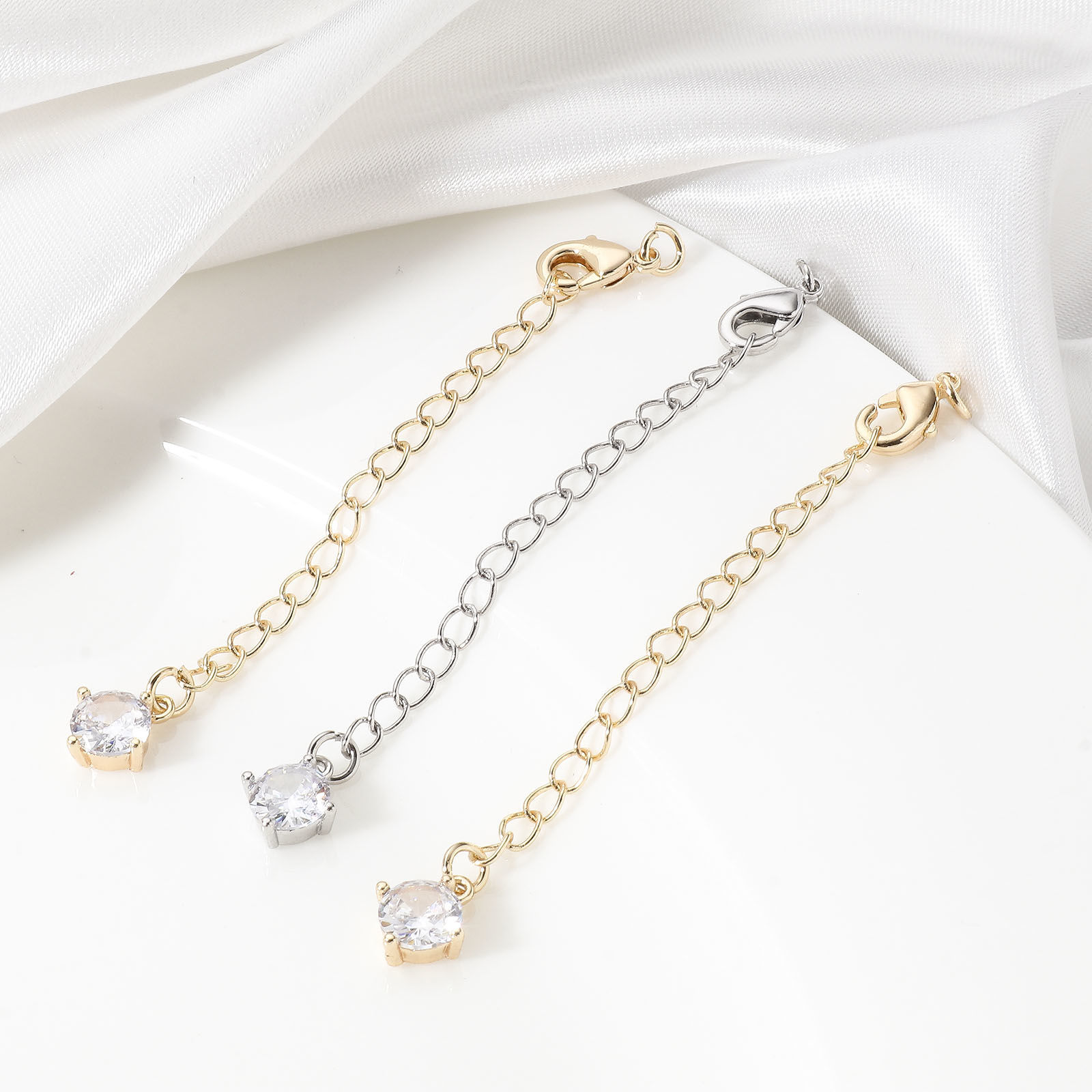 Picture of Brass Extender Chain Real Gold Plated With Lobster Claw Clasp Clear Cubic Zirconia 7cm(2 6/8") long