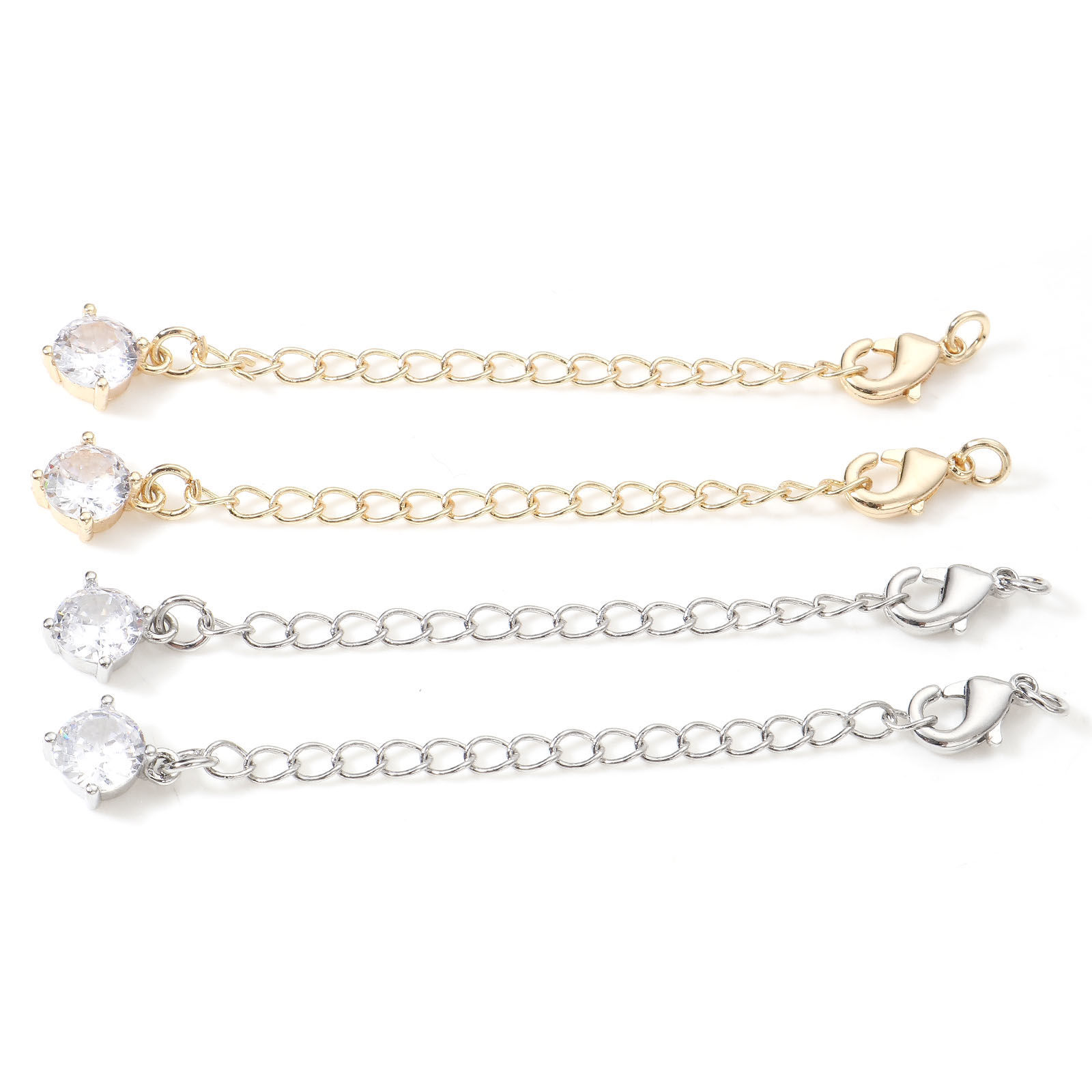 Picture of Brass Extender Chain Real Gold Plated With Lobster Claw Clasp Clear Cubic Zirconia 7cm(2 6/8") long