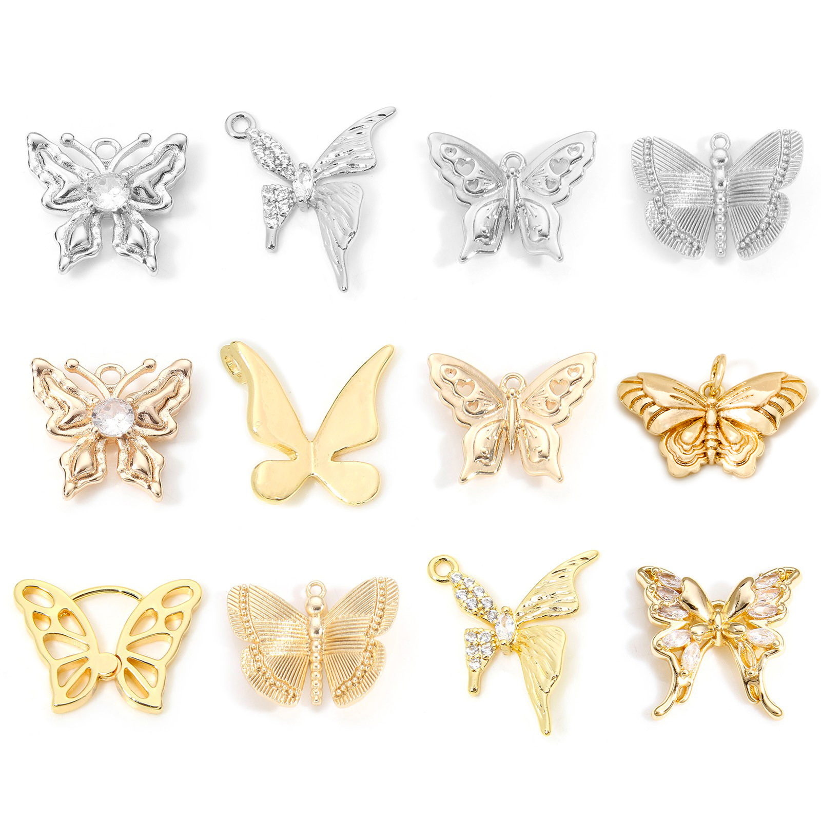 Image de Breloques Insecte en Laiton Papillon Plaqué Or Véritable à Zircone Cubique Clair 14mm x 13mm, 2 Pcs