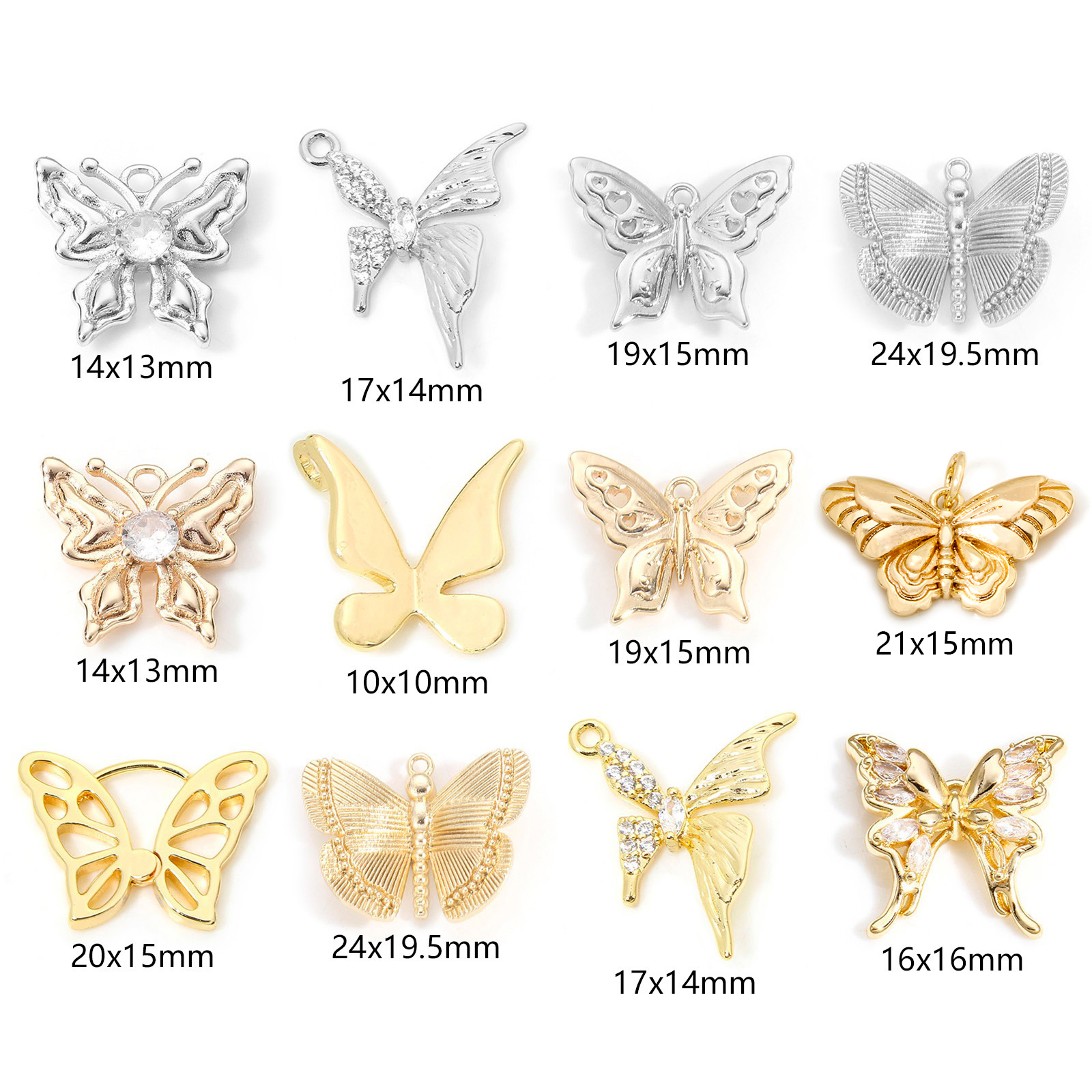 Image de Breloques Insecte en Laiton Papillon Plaqué Or Véritable à Zircone Cubique Clair 14mm x 13mm, 2 Pcs