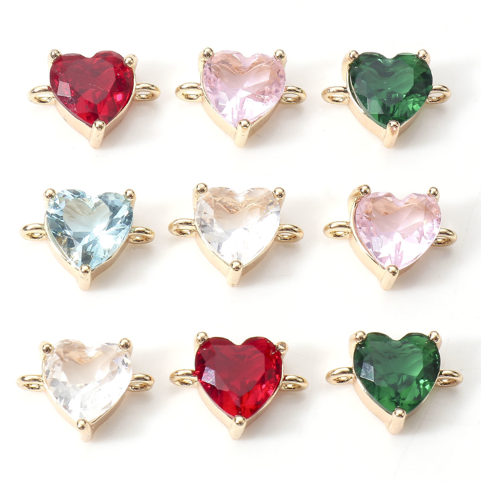 Picture of Brass Valentine's Day Connectors Charms Pendants Heart 18K Real Gold Plated Multicolour Cubic Zirconia 11mm x 8mm
