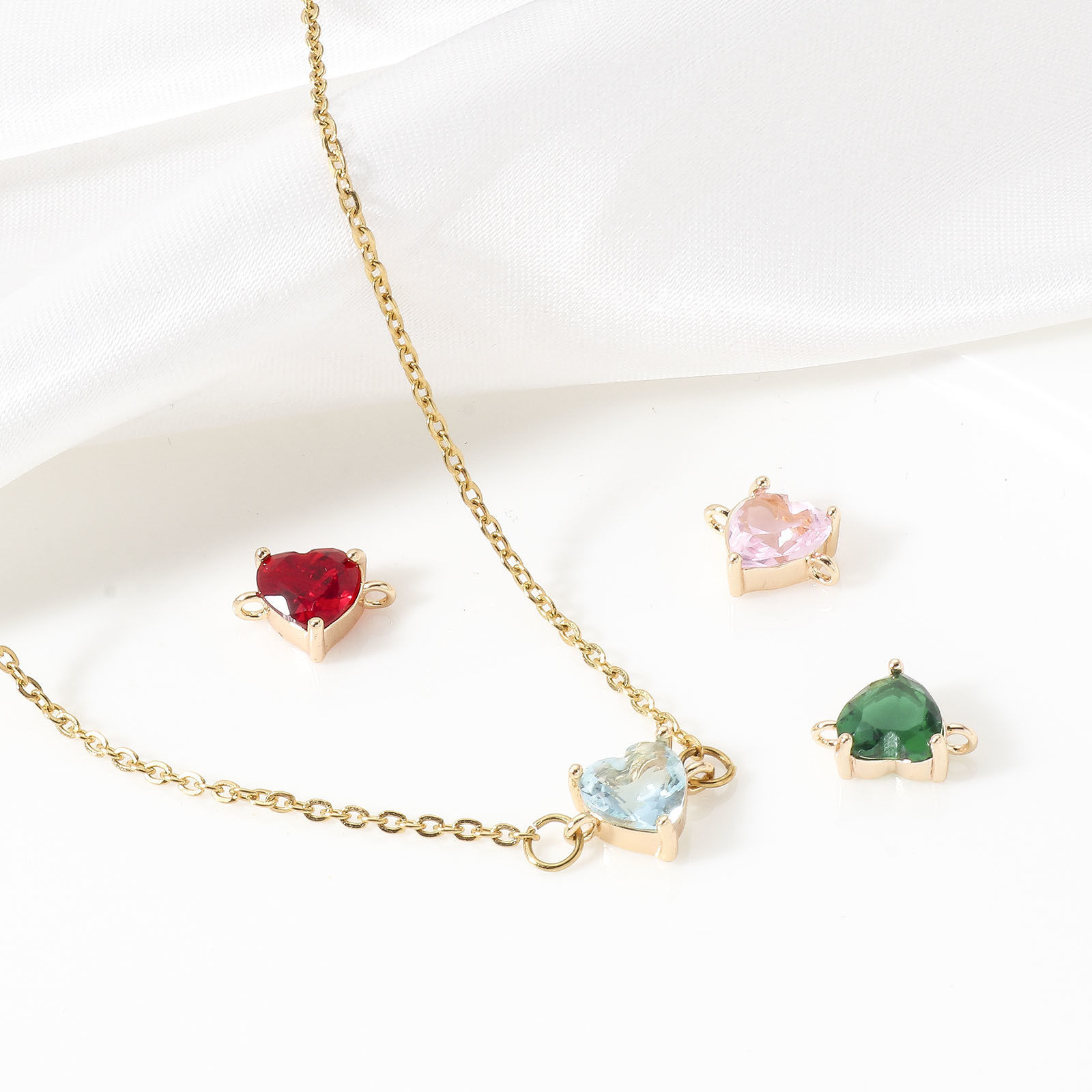 Picture of Brass Valentine's Day Connectors Charms Pendants Heart 18K Real Gold Plated Multicolour Cubic Zirconia 11mm x 8mm
