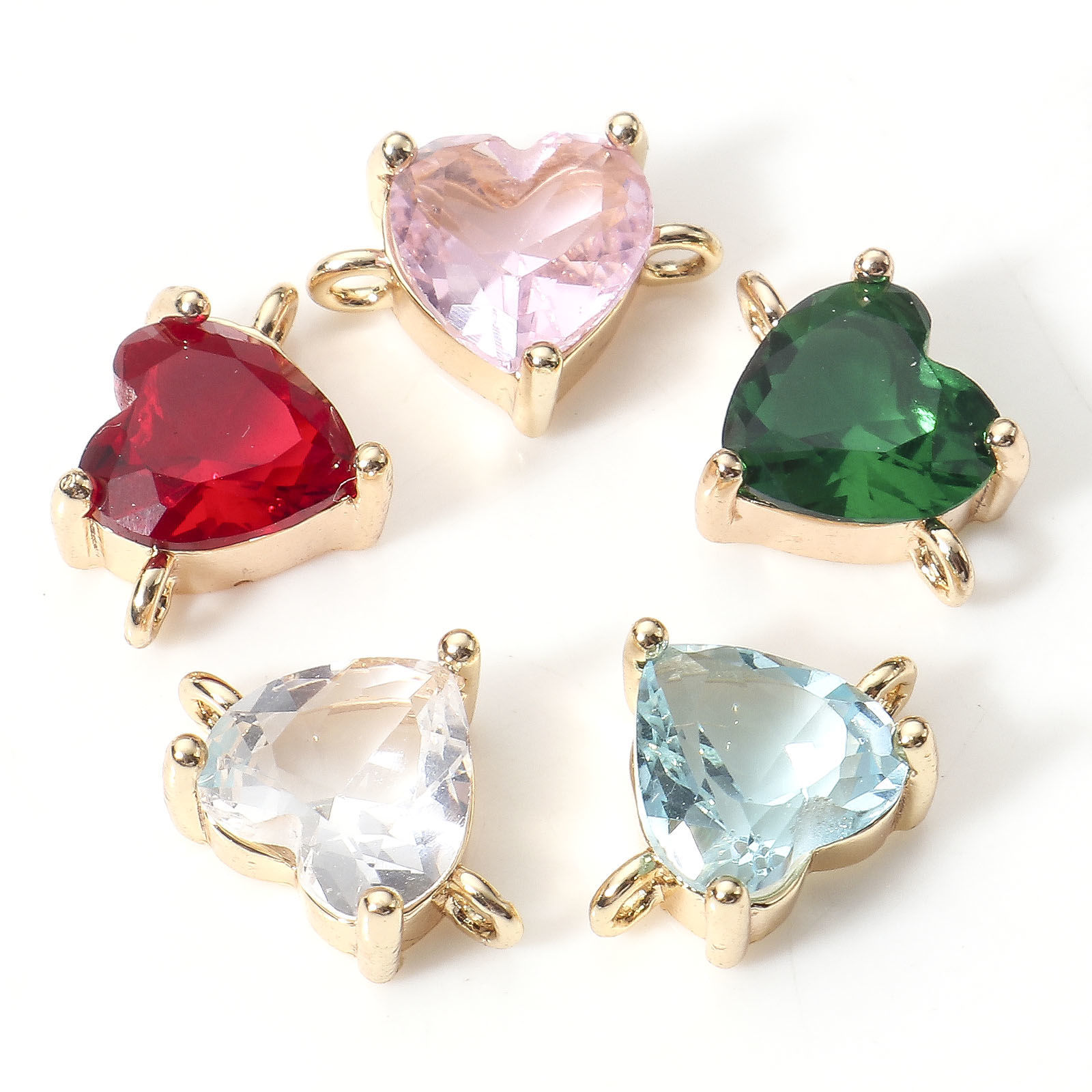 Picture of Brass Valentine's Day Connectors Charms Pendants Heart 18K Real Gold Plated Multicolour Cubic Zirconia 11mm x 8mm