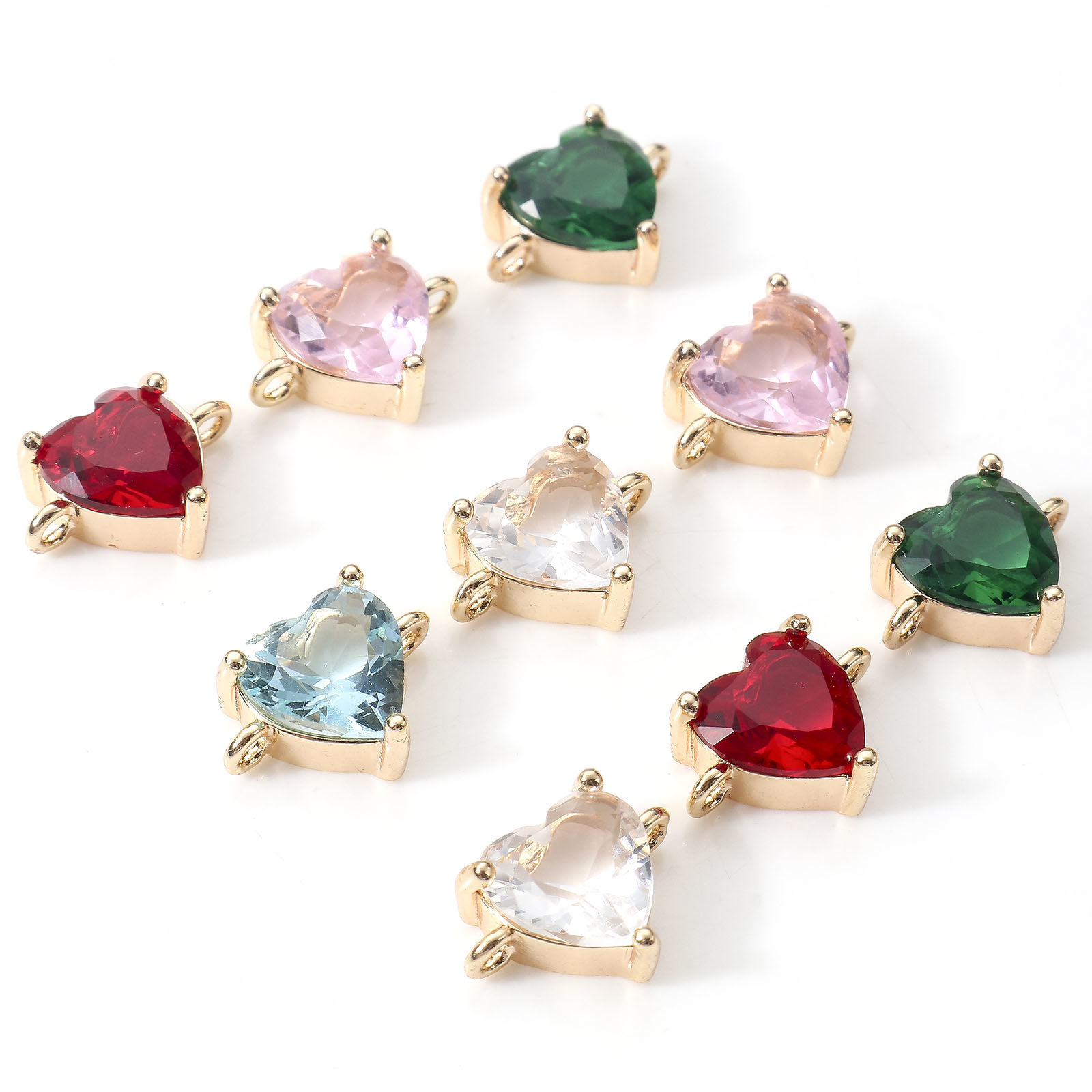 Picture of Brass Valentine's Day Connectors Charms Pendants Heart 18K Real Gold Plated Multicolour Cubic Zirconia 11mm x 8mm