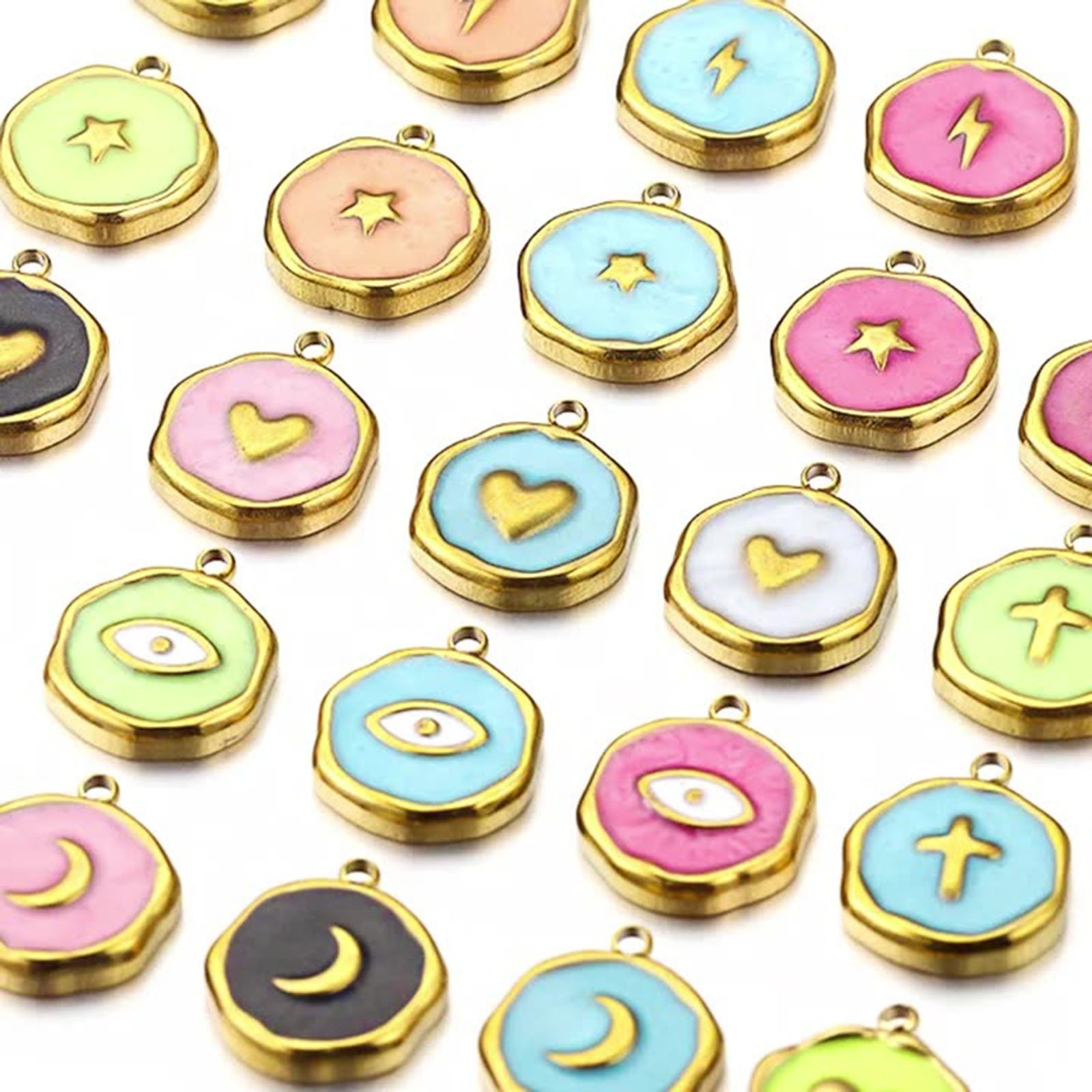 Bild von 304 Edelstahl Charms Rund Vergoldet Emaille 13mm x 16mm, 2 Stück