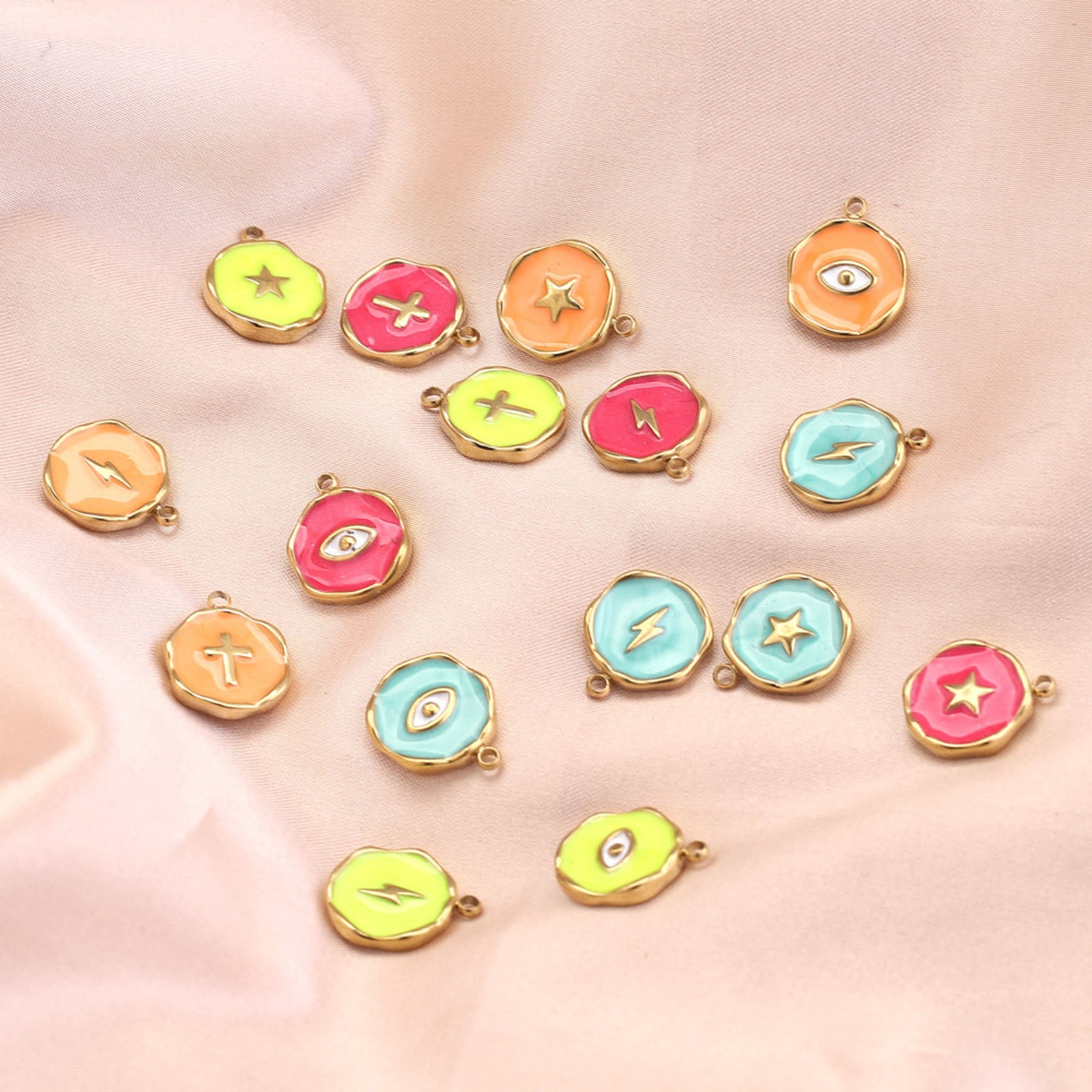 Bild von 304 Edelstahl Charms Rund Vergoldet Emaille 13mm x 16mm, 2 Stück
