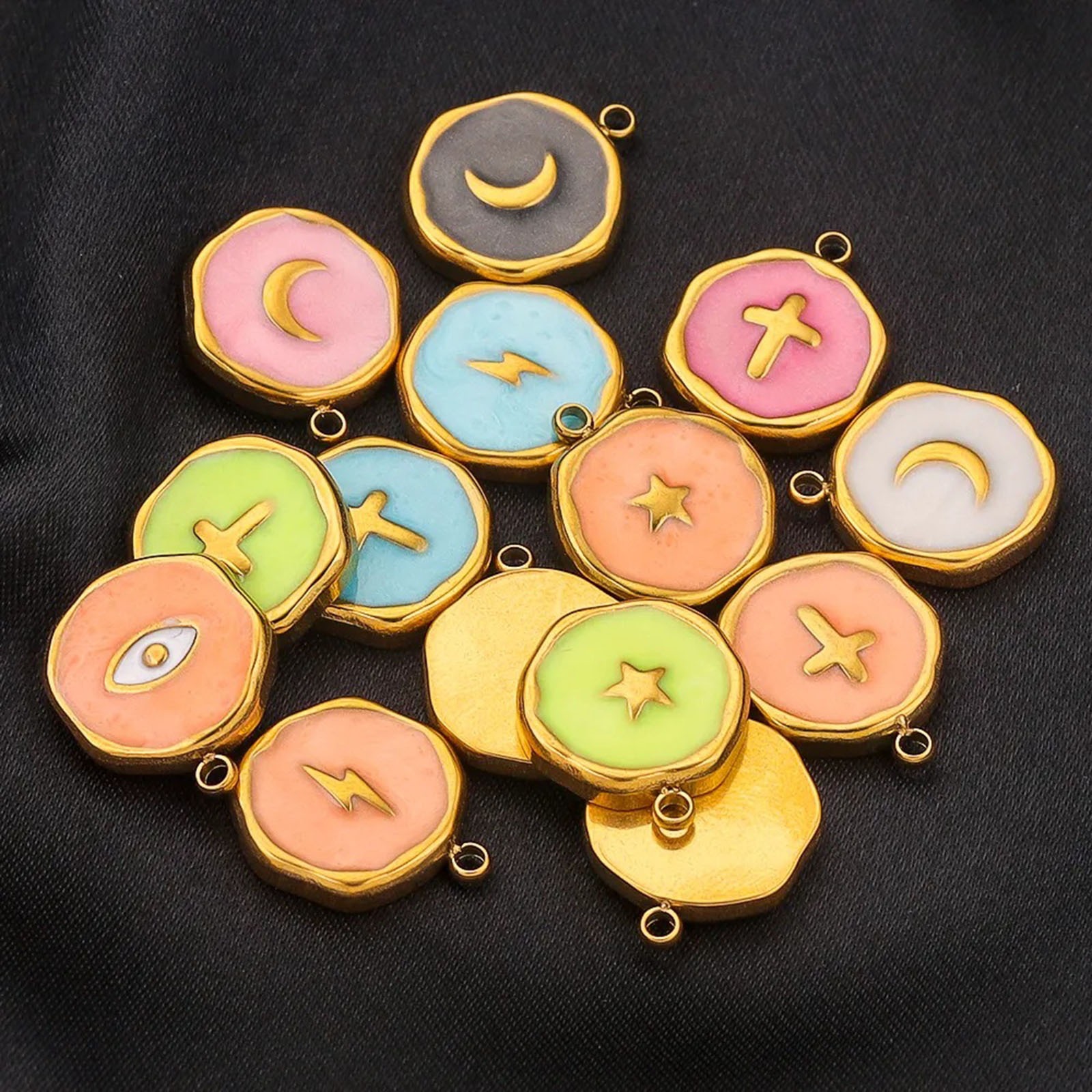 Bild von 304 Edelstahl Charms Rund Vergoldet Emaille 13mm x 16mm, 2 Stück