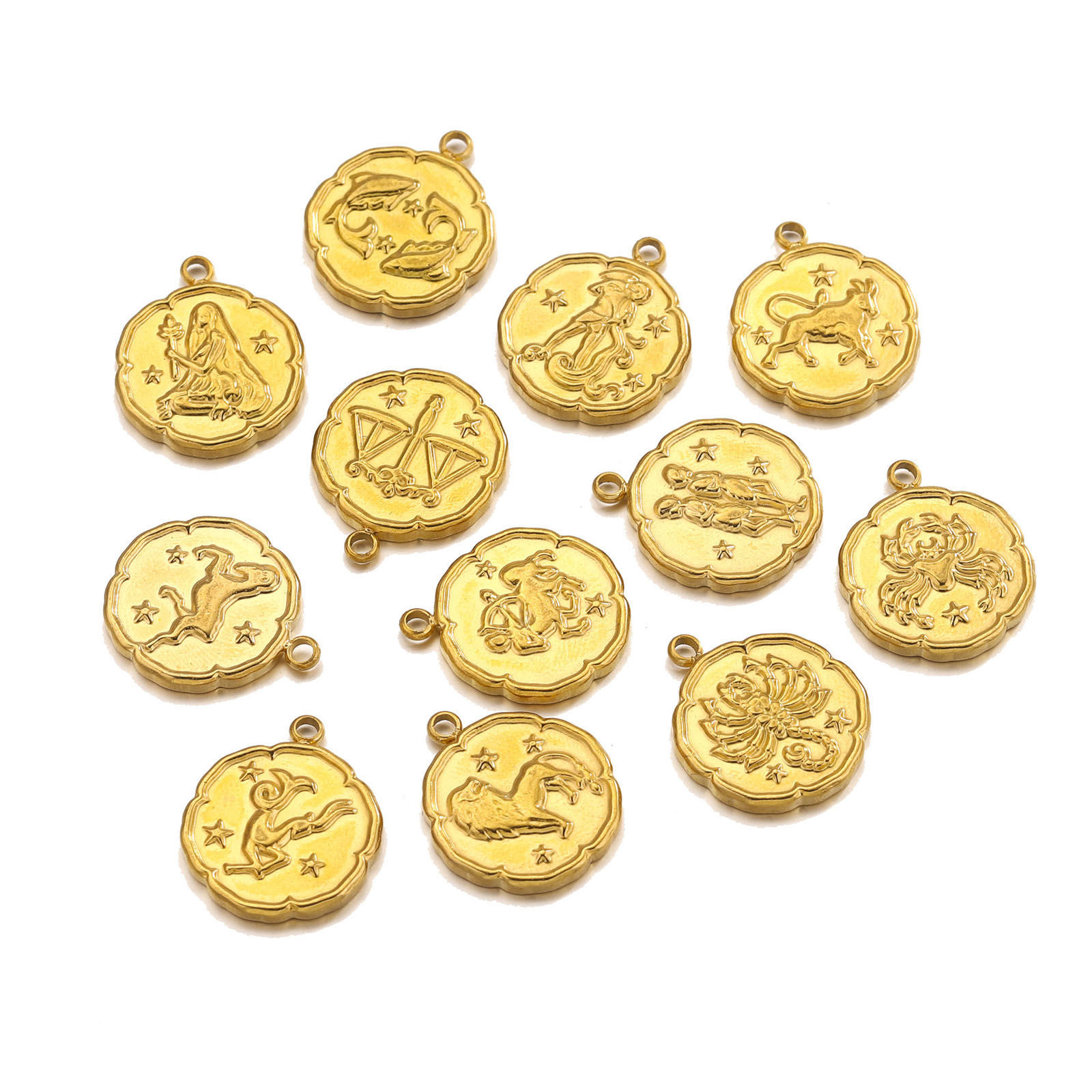 Picture of 304 Stainless Steel Charms 18K Gold Plated Round Disc Constellation 16mm x 19.5mm
