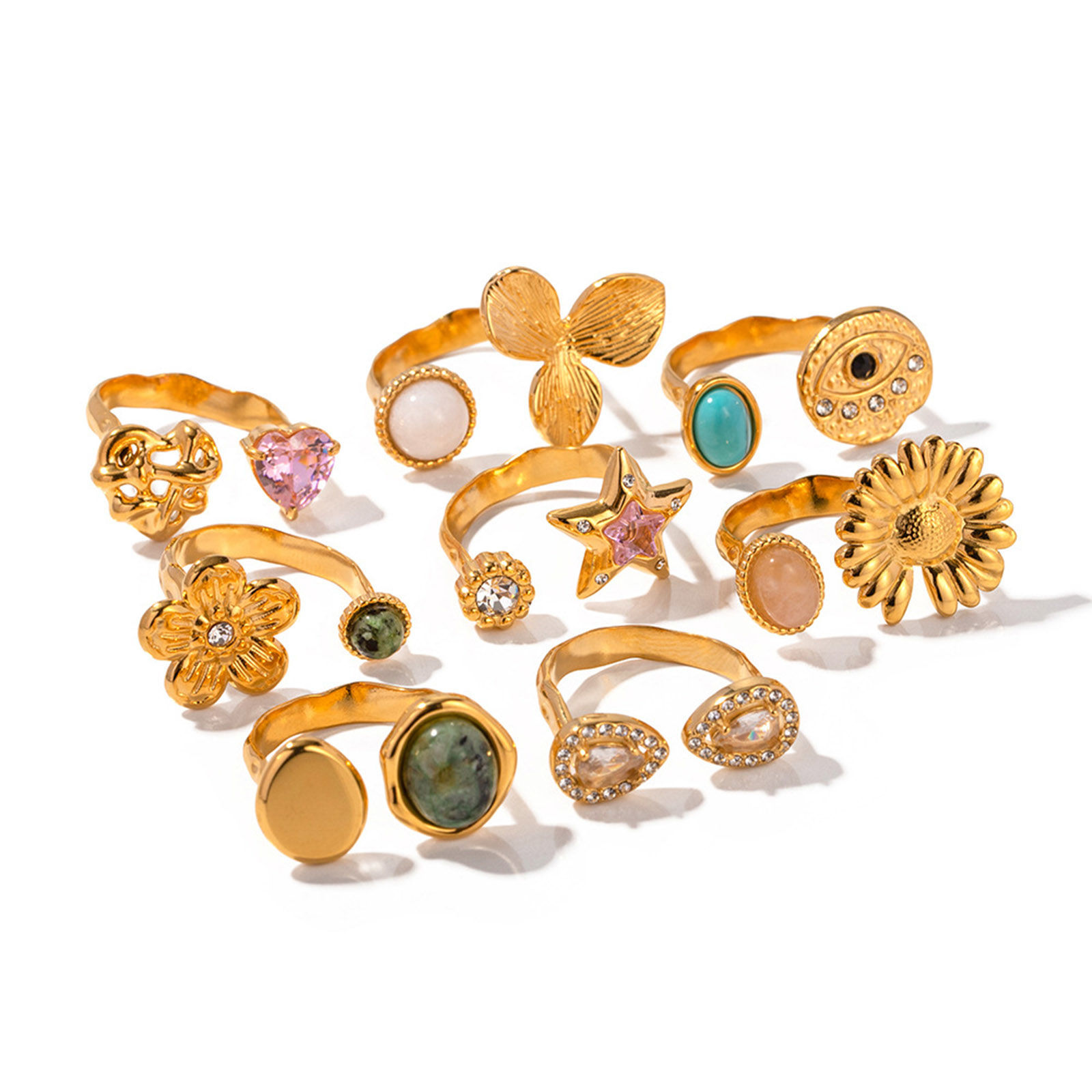 Imagen de Enchapado al Vacío Ecológico Elegante Retro 18K Oro Real Chapado 304 Acero Inoxidable Abierto Ronda Flor Anillos Para Mujeres Aniversario 1 Unidad
