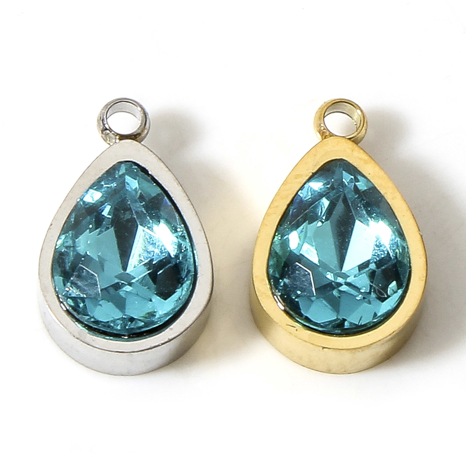Picture of 304 Stainless Steel Charms Drop Green Blue Rhinestone 12mm x 8mm