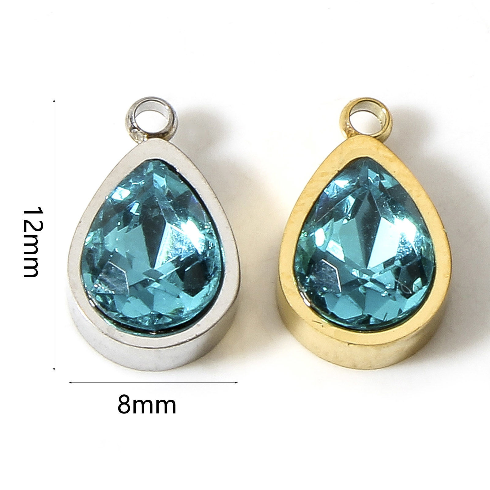 Picture of 304 Stainless Steel Charms Drop Green Blue Rhinestone 12mm x 8mm