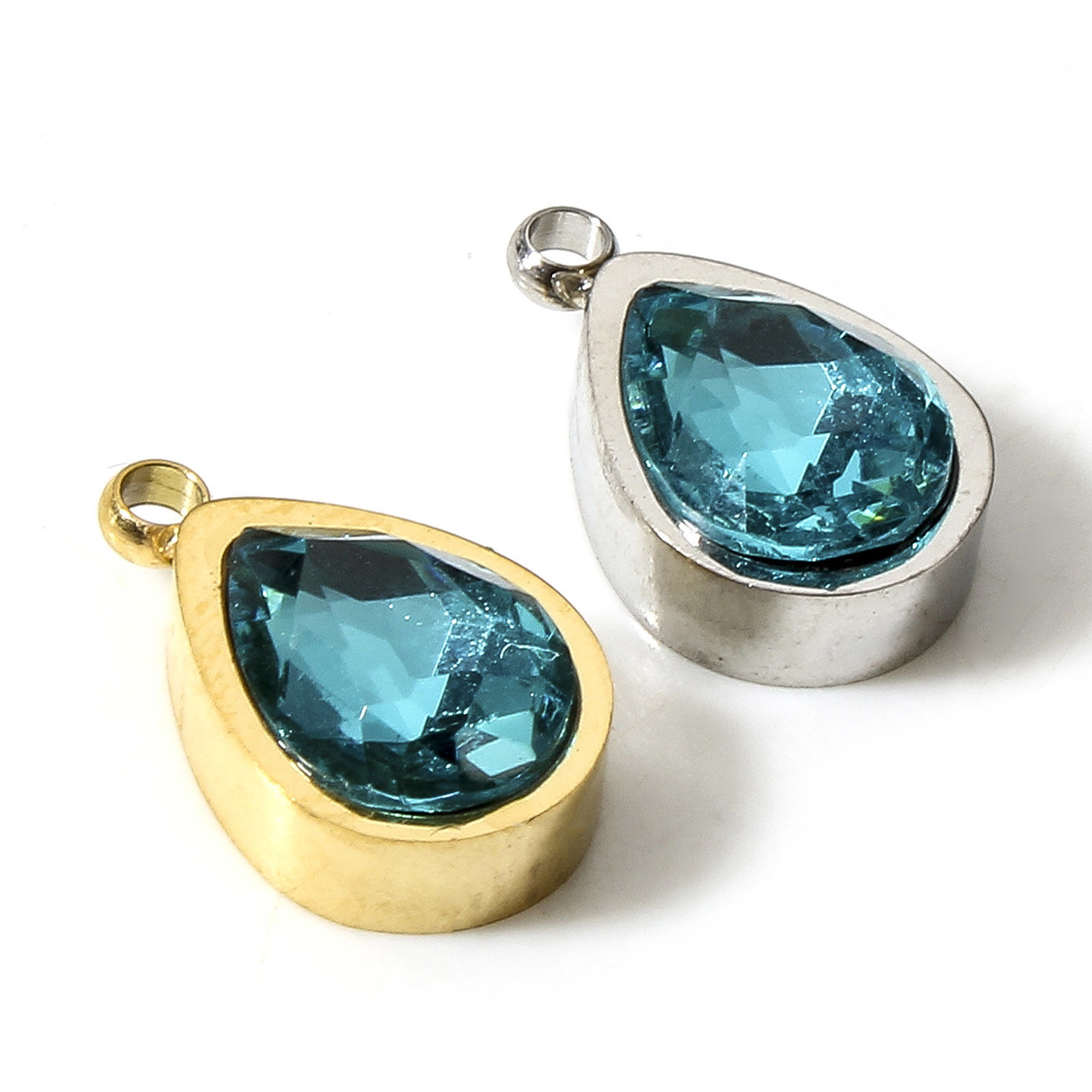 Picture of 304 Stainless Steel Charms Drop Green Blue Rhinestone 12mm x 8mm