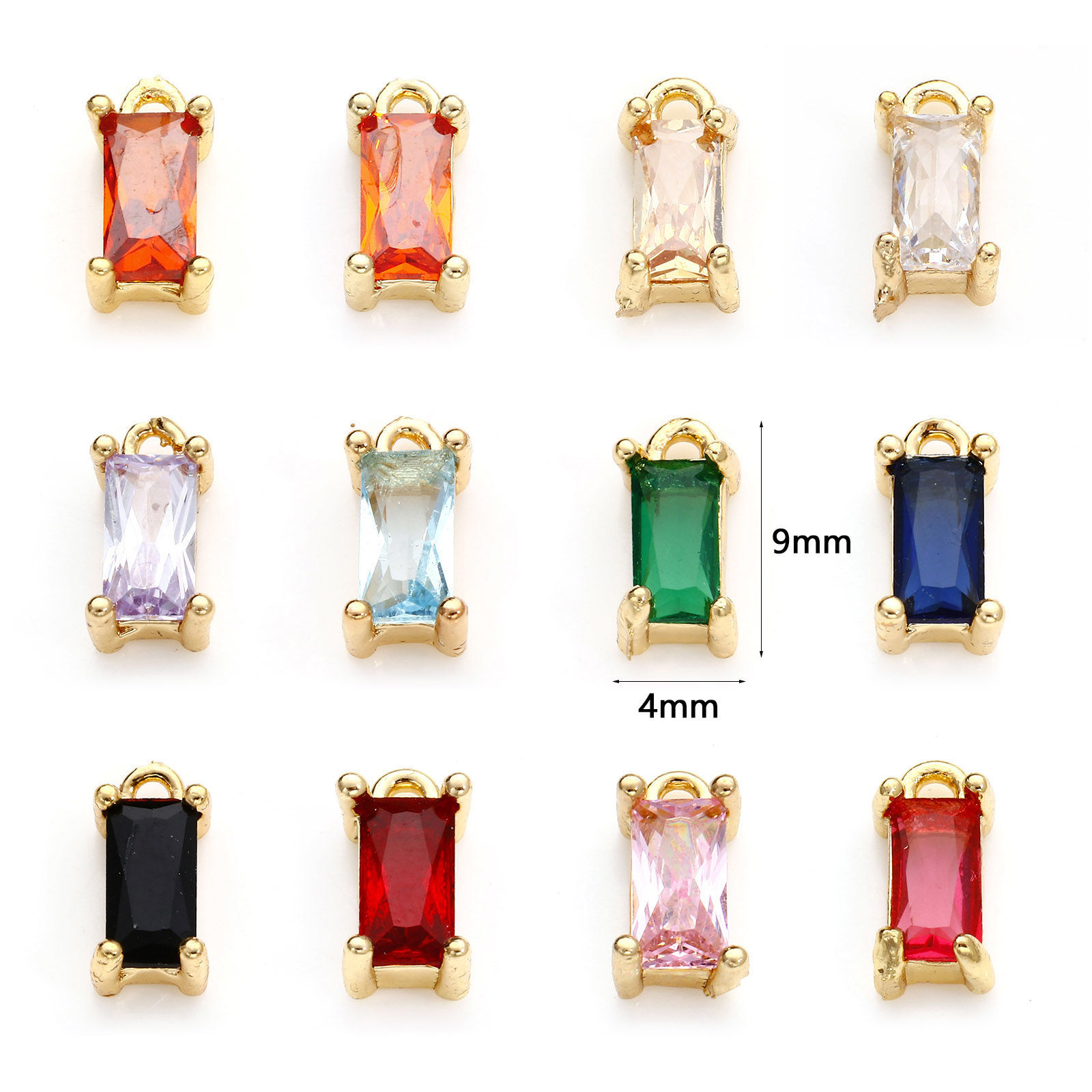 真鍮+ガラス チャーム 金メッキ 多色 長方形 9mm x 4mm、 10 個 の画像