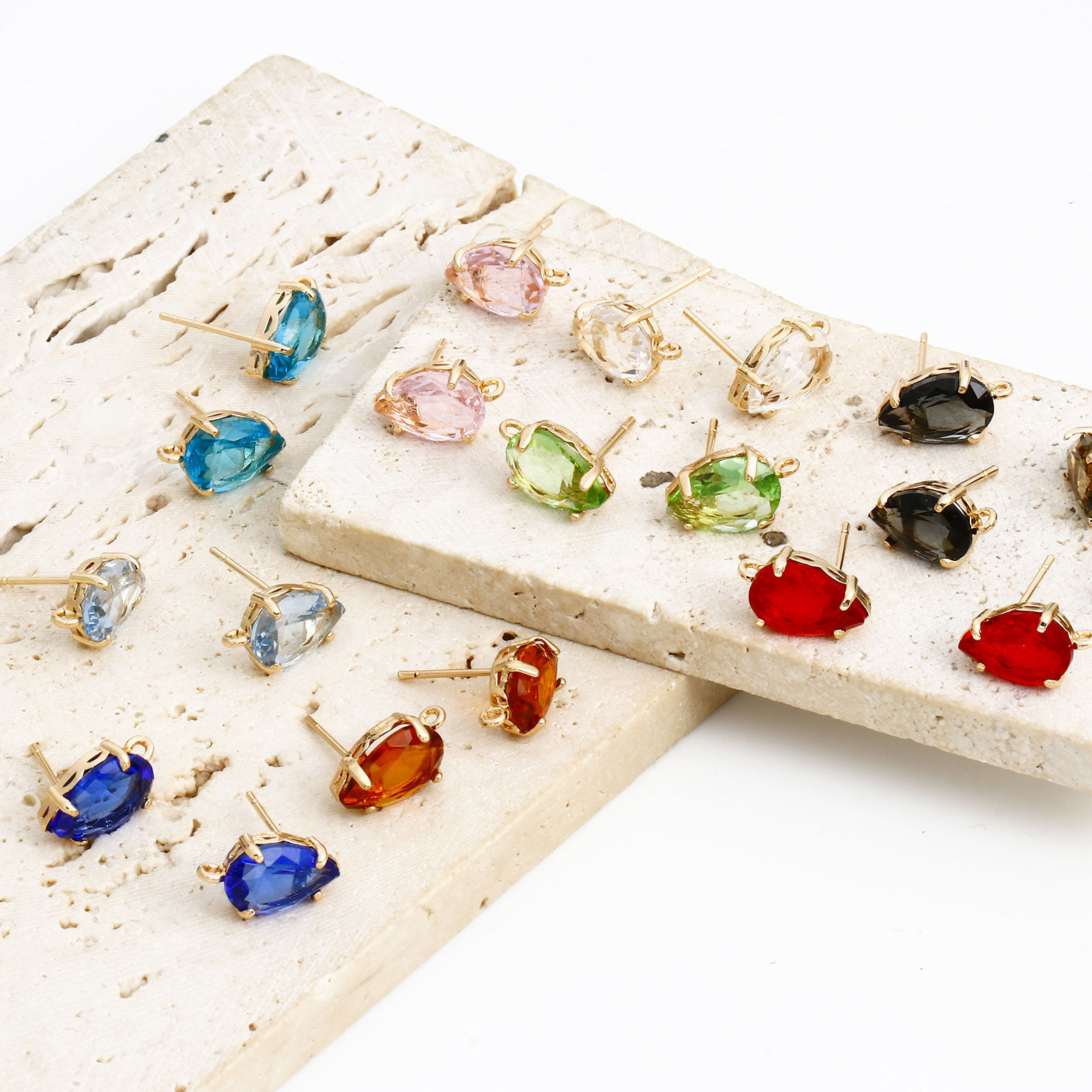 Picture of Brass & Glass Ear Post Stud Earrings Gold Plated Multicolor Drop With Loop 14mm x 8mm