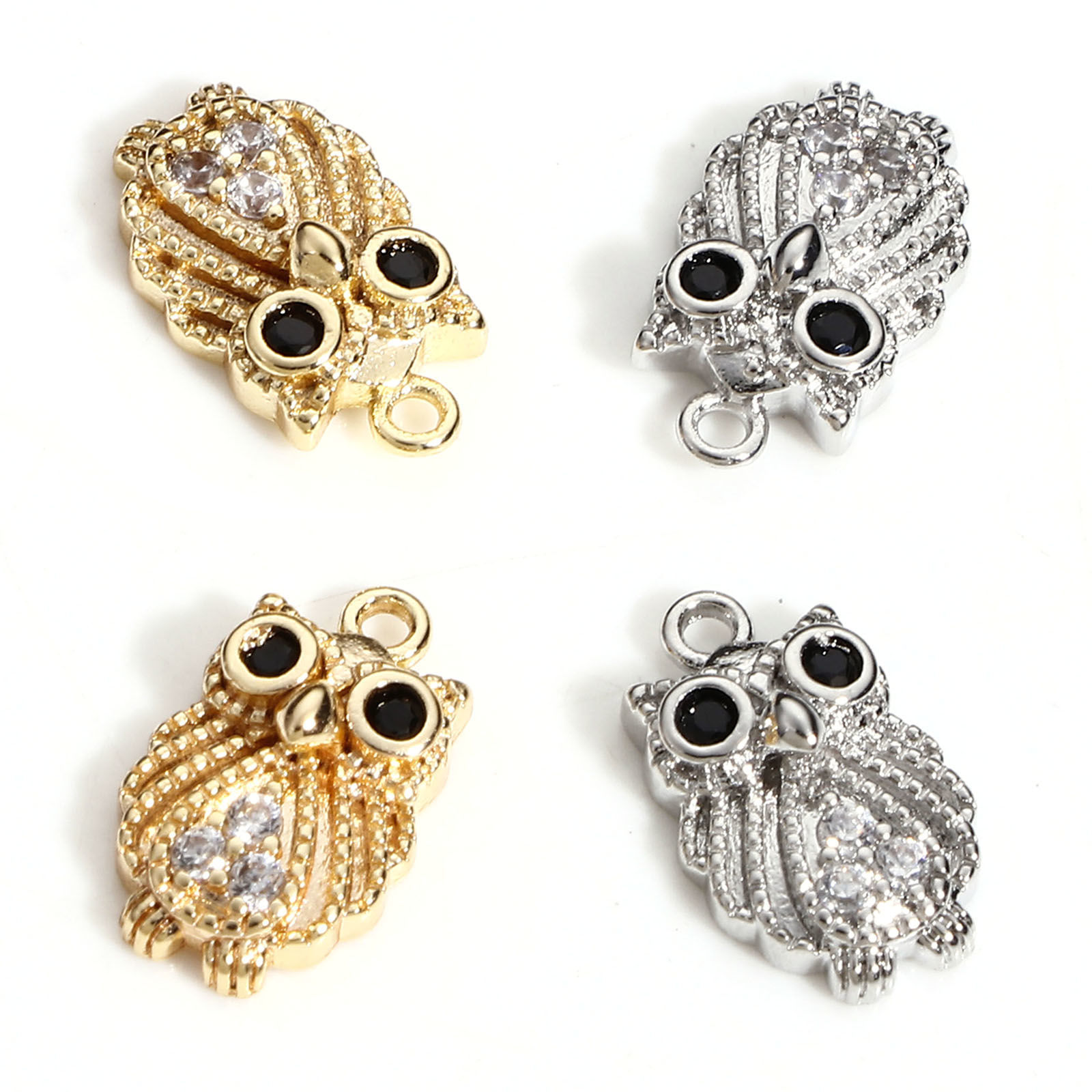 真鍮 ハロウィン チャーム フクロウ ゴールドフィルド マイクロパヴェ クリア & 黒ジルコン 13mmx 8mm、 2 個 の画像