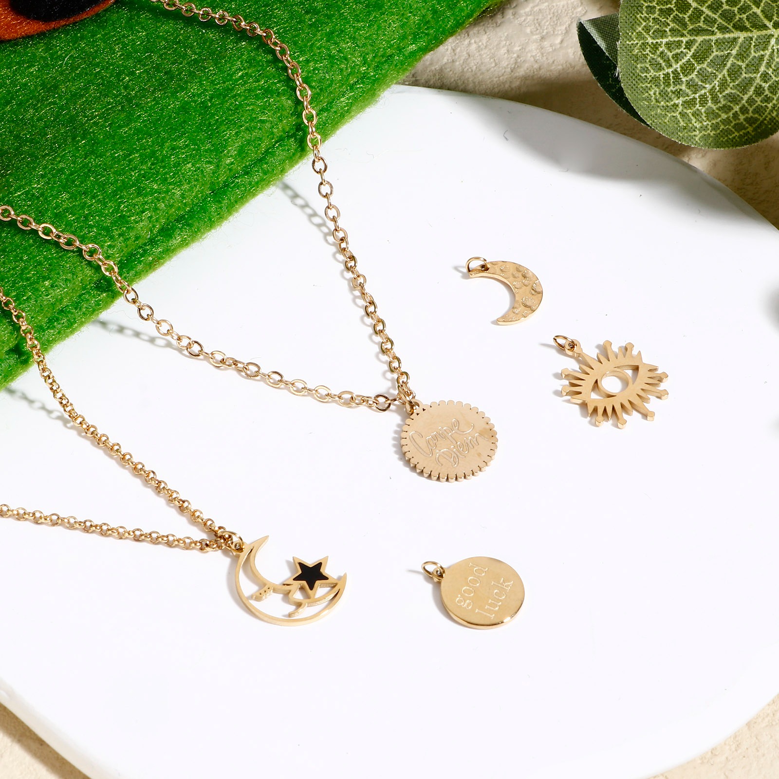 Picture of 316 Stainless Steel Galaxy Charms 18K Real Gold Plated Pentagram Star Moon Face