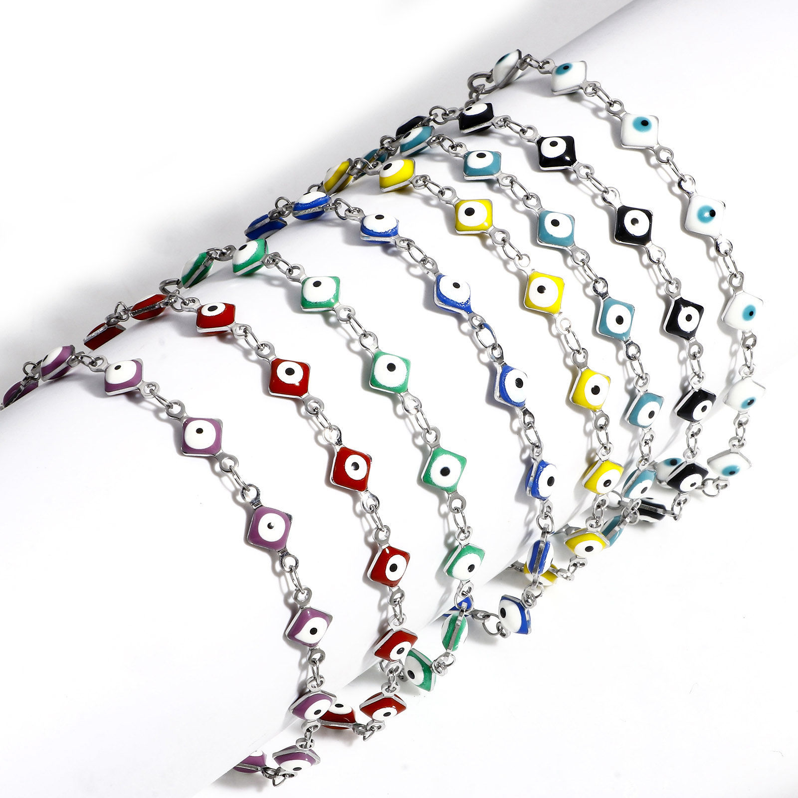 Picture of 304 Stainless Steel Religious Handmade Link Chain Bracelets Silver Tone Rhombus Evil Eye With Lobster Claw Clasp And Extender Chain 16.5cm(6 4/8") long