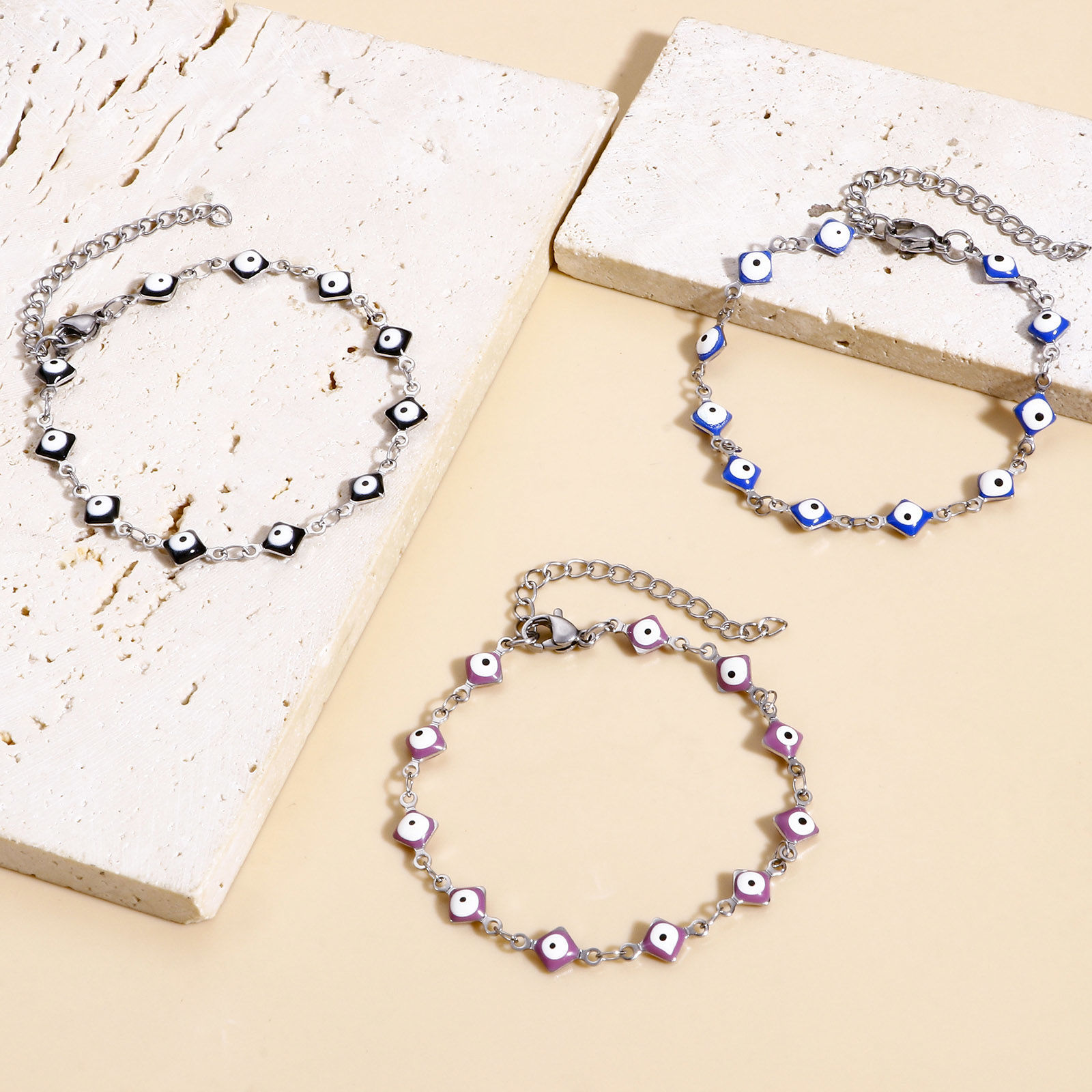 Picture of 304 Stainless Steel Religious Handmade Link Chain Bracelets Silver Tone Rhombus Evil Eye With Lobster Claw Clasp And Extender Chain 16.5cm(6 4/8") long