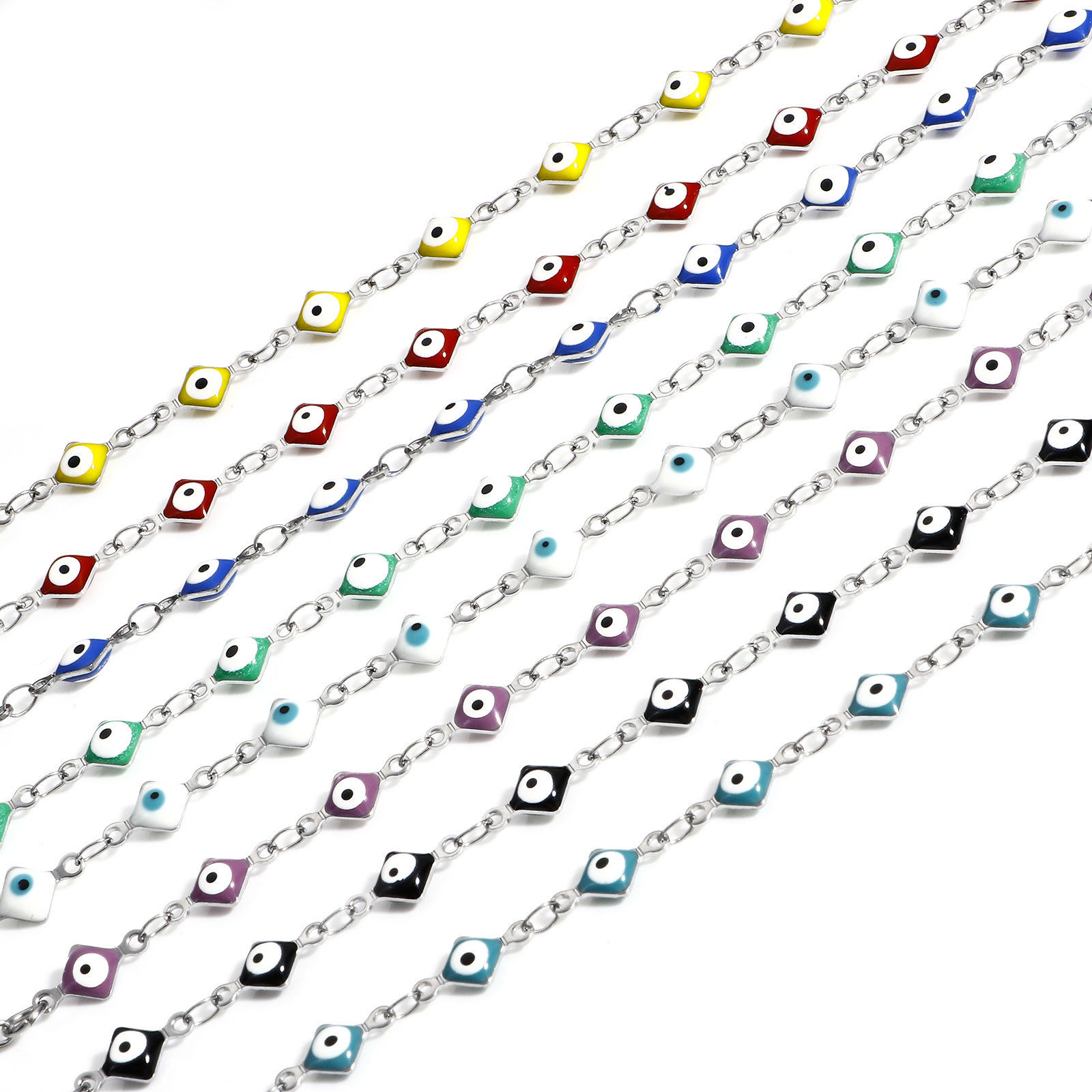 Picture of 304 Stainless Steel Religious Handmade Link Chain Bracelets Silver Tone Rhombus Evil Eye With Lobster Claw Clasp And Extender Chain 16.5cm(6 4/8") long