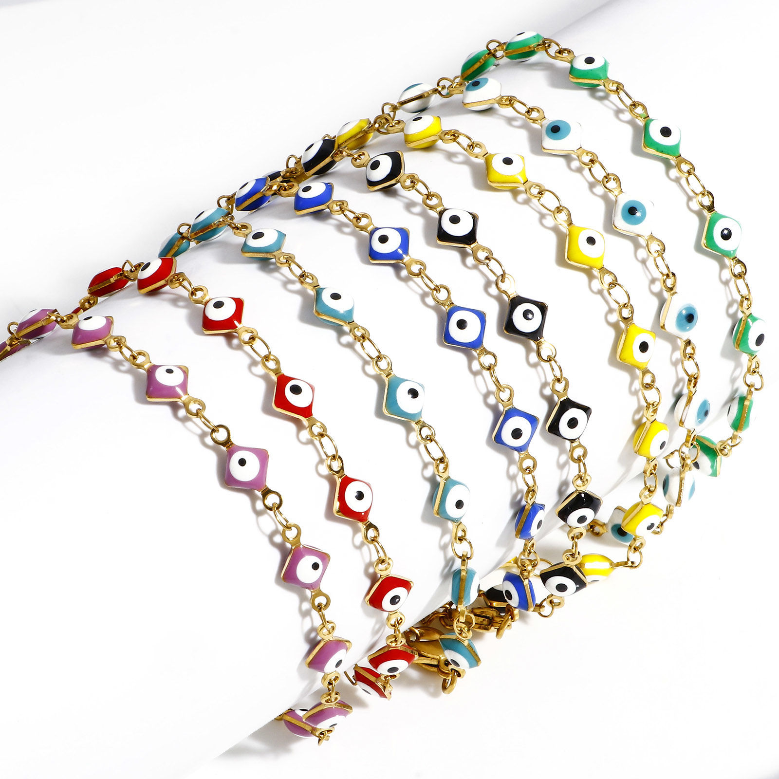 Picture of 304 Stainless Steel Religious Handmade Link Chain Bracelets Gold Plated Rhombus Evil Eye With Lobster Claw Clasp And Extender Chain 16.5cm(6 4/8") long