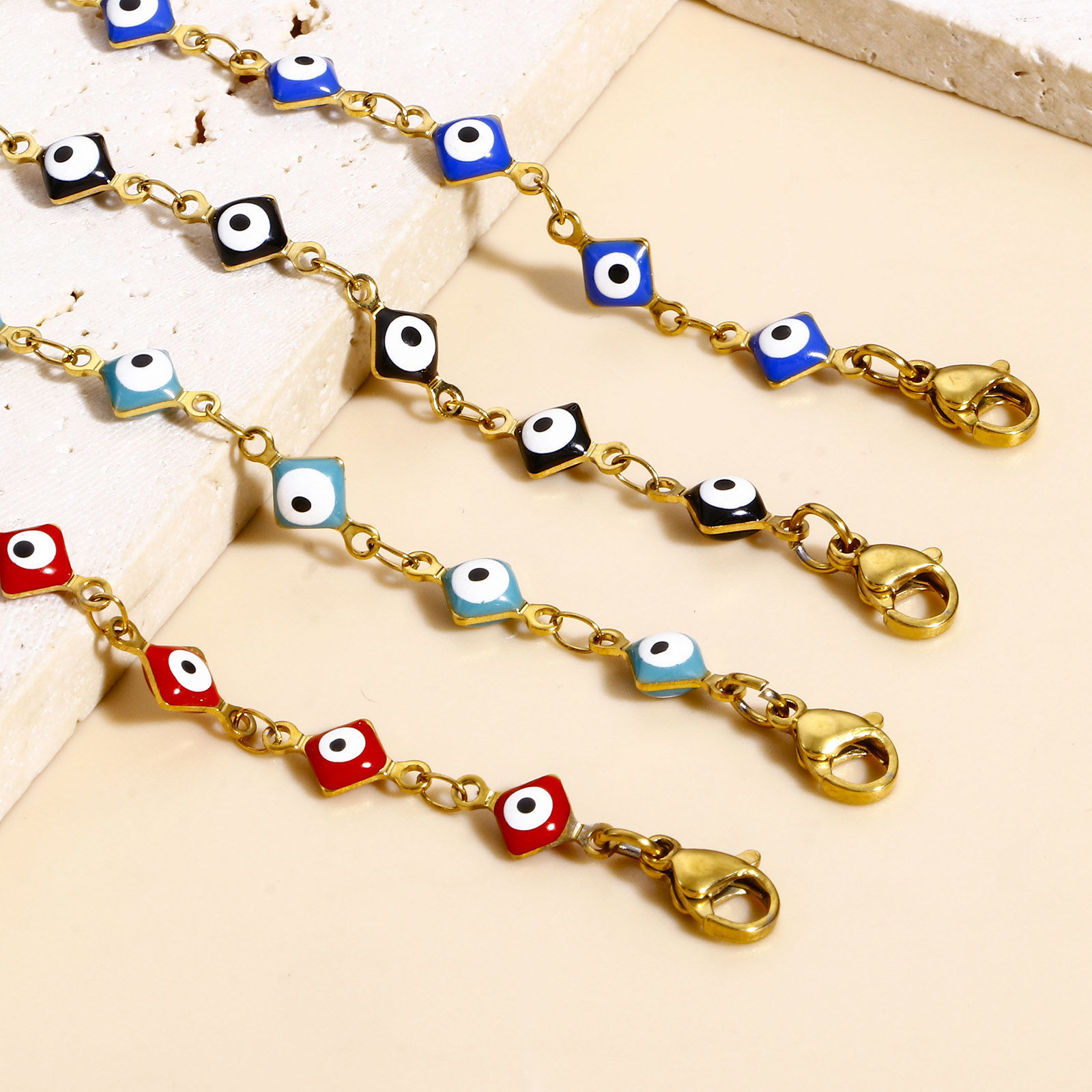 Picture of 304 Stainless Steel Religious Handmade Link Chain Bracelets Gold Plated Rhombus Evil Eye With Lobster Claw Clasp And Extender Chain 16.5cm(6 4/8") long
