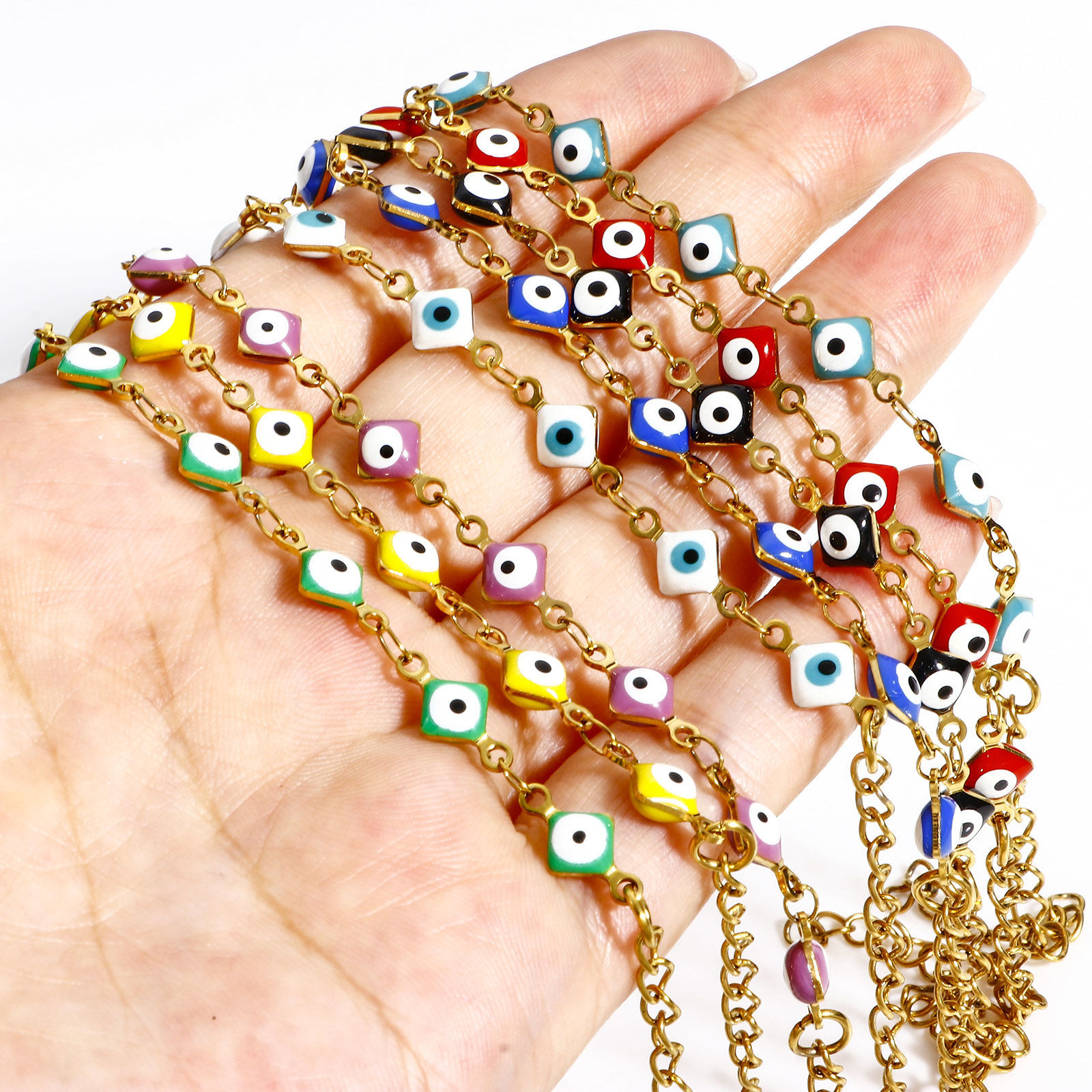 Picture of 304 Stainless Steel Religious Handmade Link Chain Bracelets Gold Plated Rhombus Evil Eye With Lobster Claw Clasp And Extender Chain 16.5cm(6 4/8") long