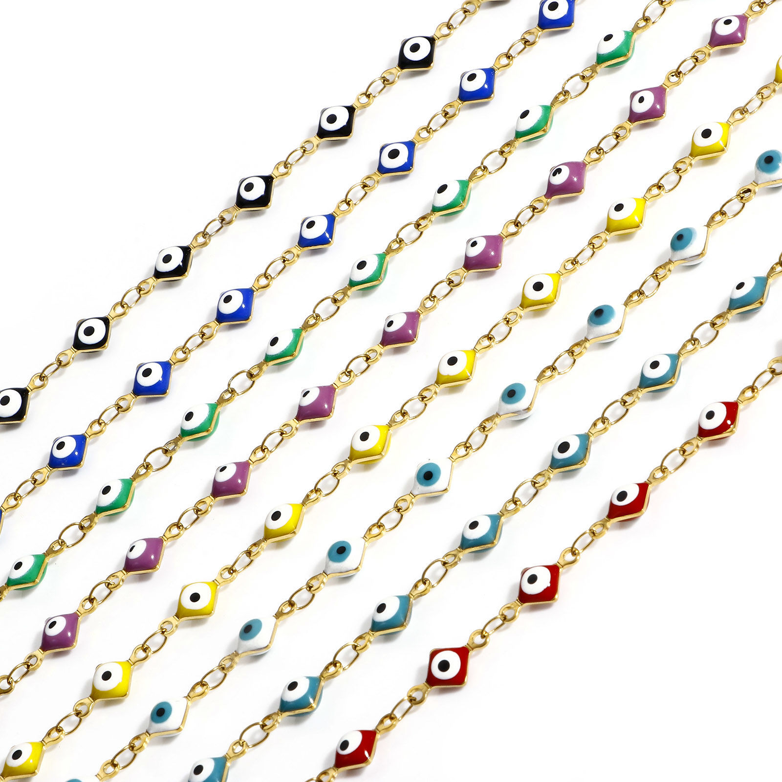 Picture of 304 Stainless Steel Religious Handmade Link Chain Bracelets Gold Plated Rhombus Evil Eye With Lobster Claw Clasp And Extender Chain 16.5cm(6 4/8") long