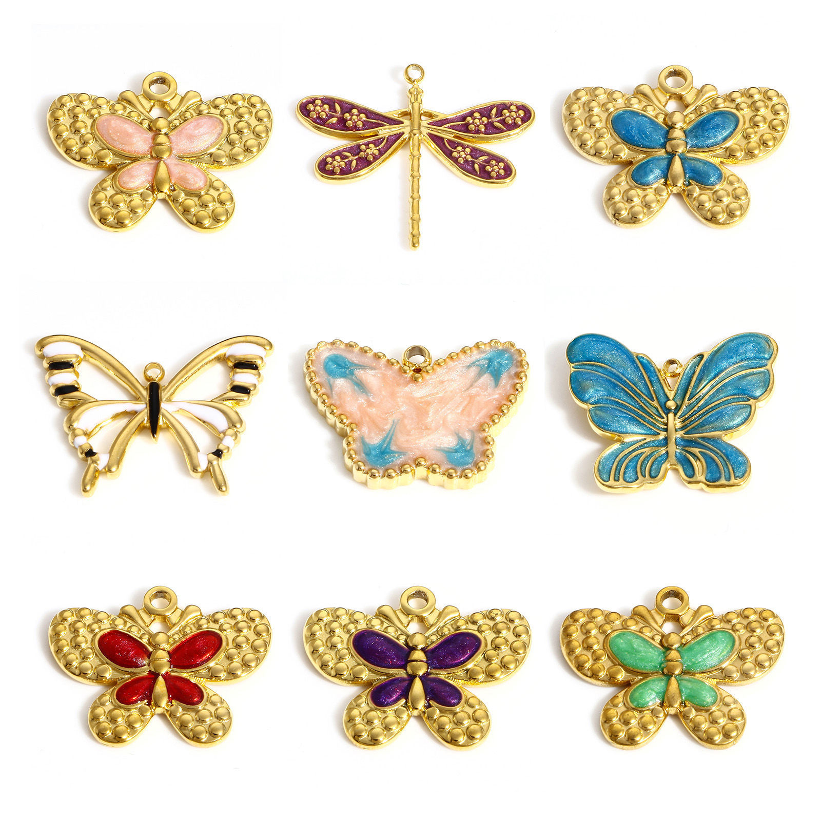 Imagen de 304 Acero Inoxidable Insecto Colgantes Charms Libélula Color Oro de 18K Multicolor Mariposa Esmalte 1 Unidad