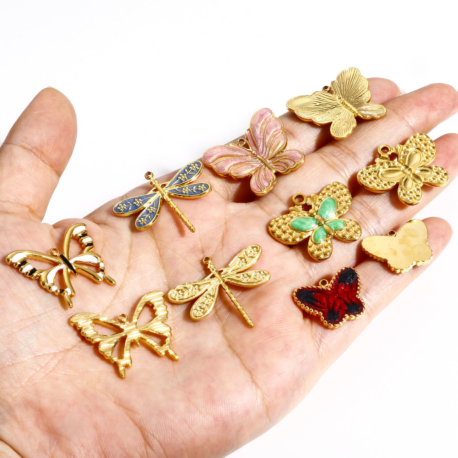 Imagen de 304 Acero Inoxidable Insecto Colgantes Charms Libélula Color Oro de 18K Multicolor Mariposa Esmalte 1 Unidad