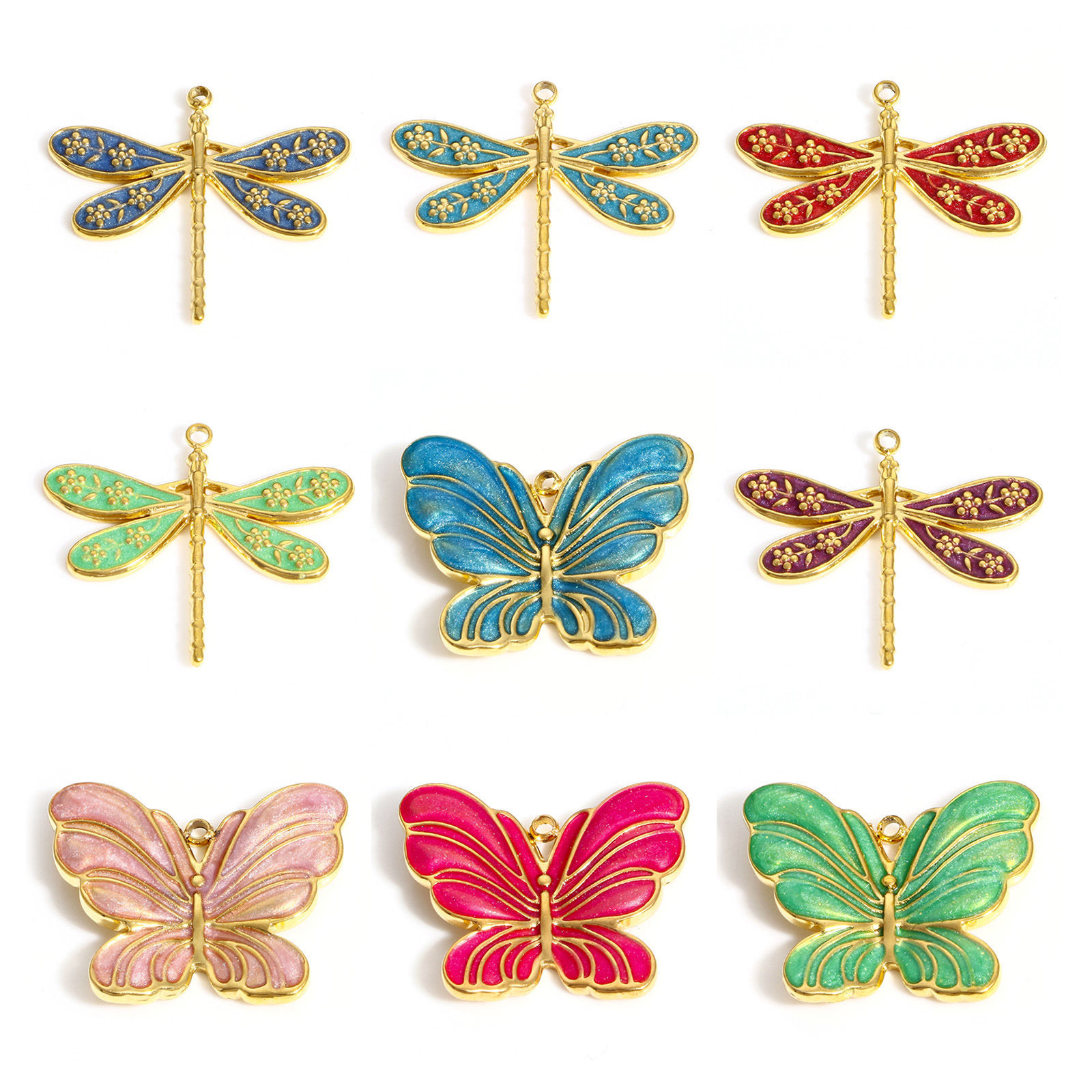 Imagen de 304 Acero Inoxidable Insecto Colgantes Charms Libélula Color Oro de 18K Multicolor Mariposa Esmalte 1 Unidad