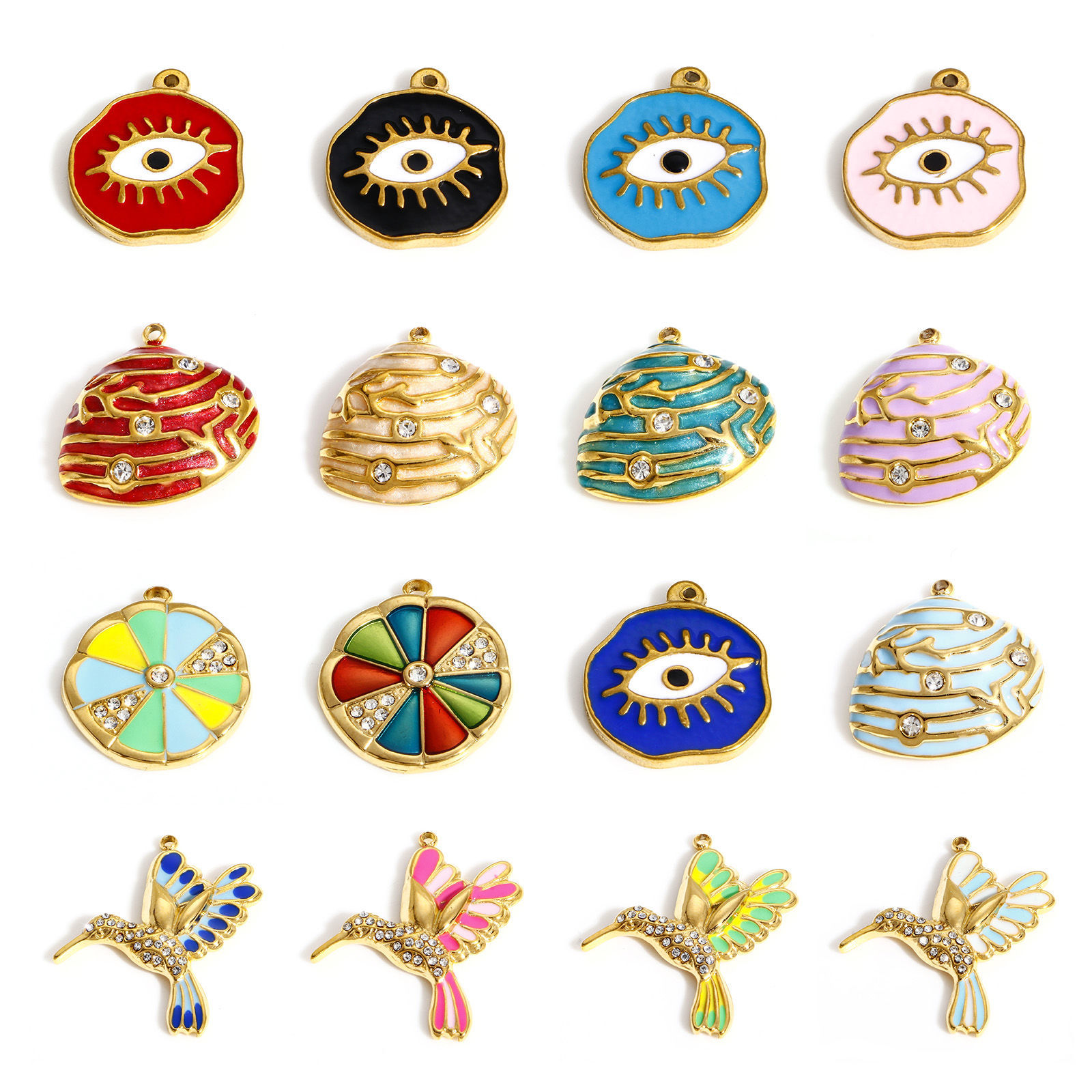 Image de Breloques en 304 Acier Inoxydable Élégant Oiseau-Mouche Doré Multicolore Coquilles Émail à Strass Transparent 1 Pièce